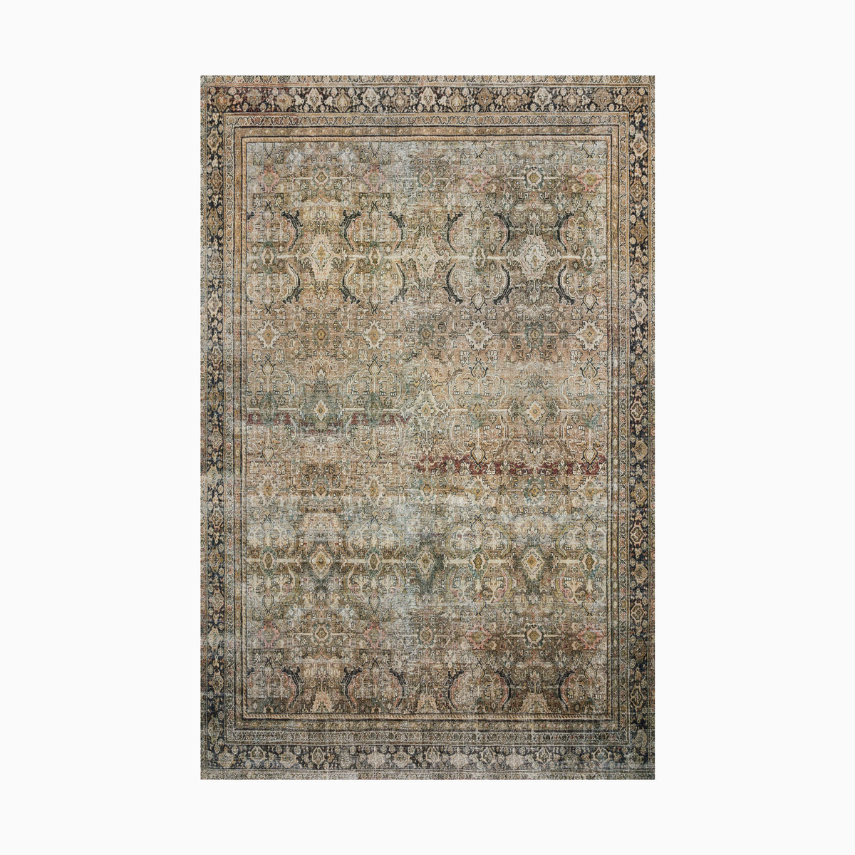Vintage-style power loomed rug made of polyester, featuring intricate floral and vine motifs in muted green, beige, and taupe tones, featuring a distressed ornamental border.