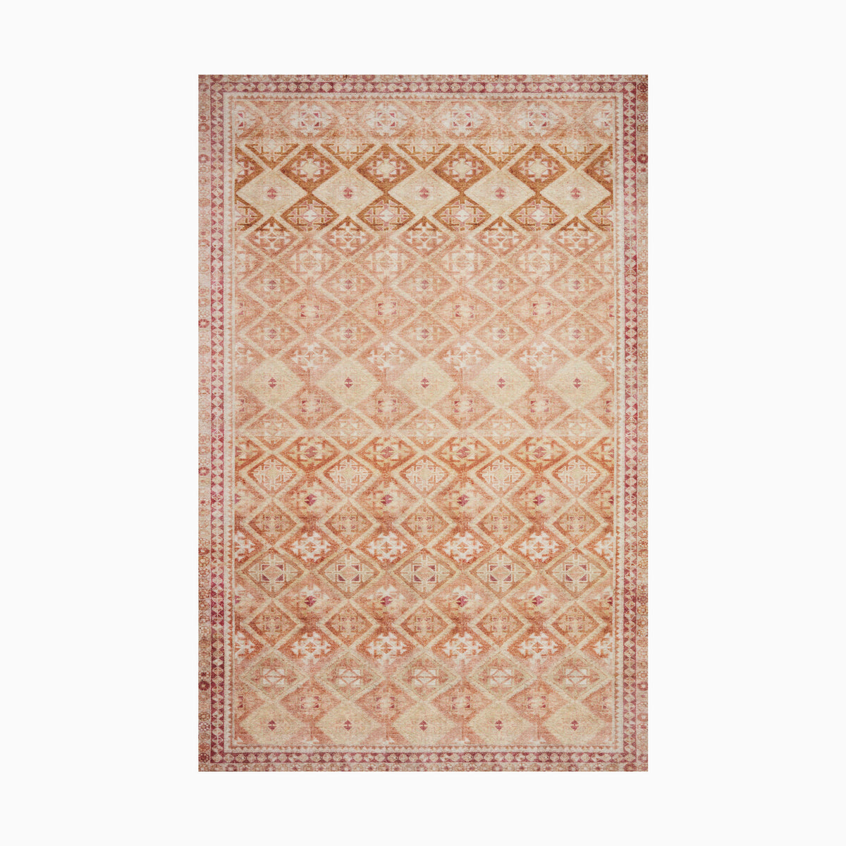 Vintage-inspired power loomed rug made of polyester with a faded diamond pattern in warm terracotta, ivory, and blush tones, creating an elegant, timeworn look.