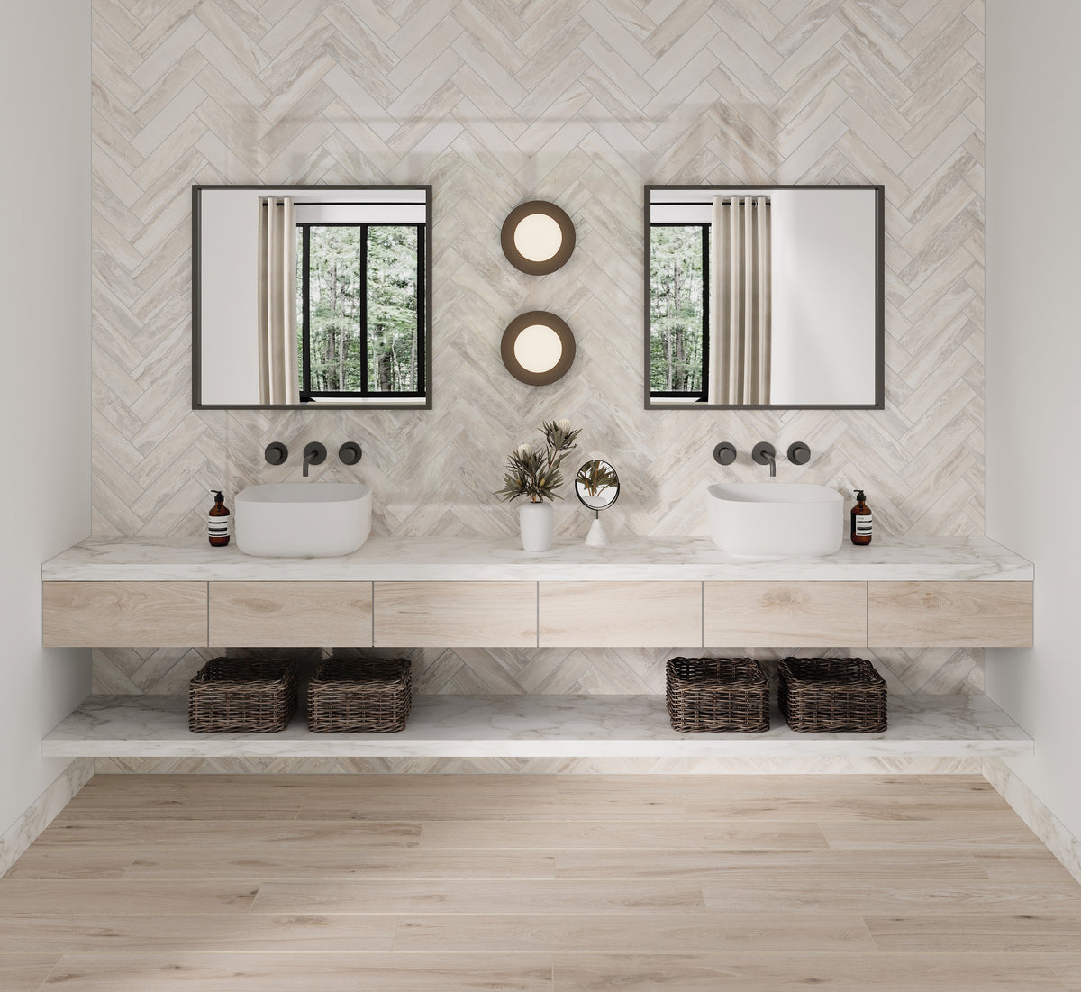 Modern bathroom showcasing Preston's Poplar 8x48 matte porcelain planks, paired with marble countertops and a herringbone accent wall for a sophisticated finish.