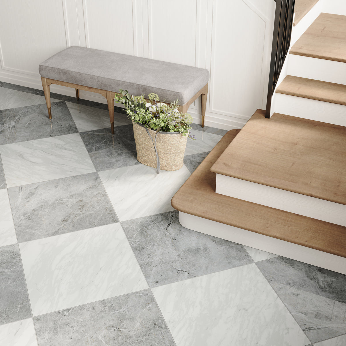 24x24 polished grey and white checkered tiles complement the warm wood staircase and cozy bench, creating a harmonious and inviting interior.