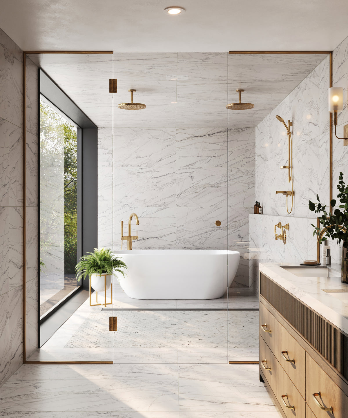 An elegant bathroom showcasing marble look walls and floors, a freestanding tub, gold fixtures, and a glass-enclosed shower, complemented by a warm wood vanity and natural light. 