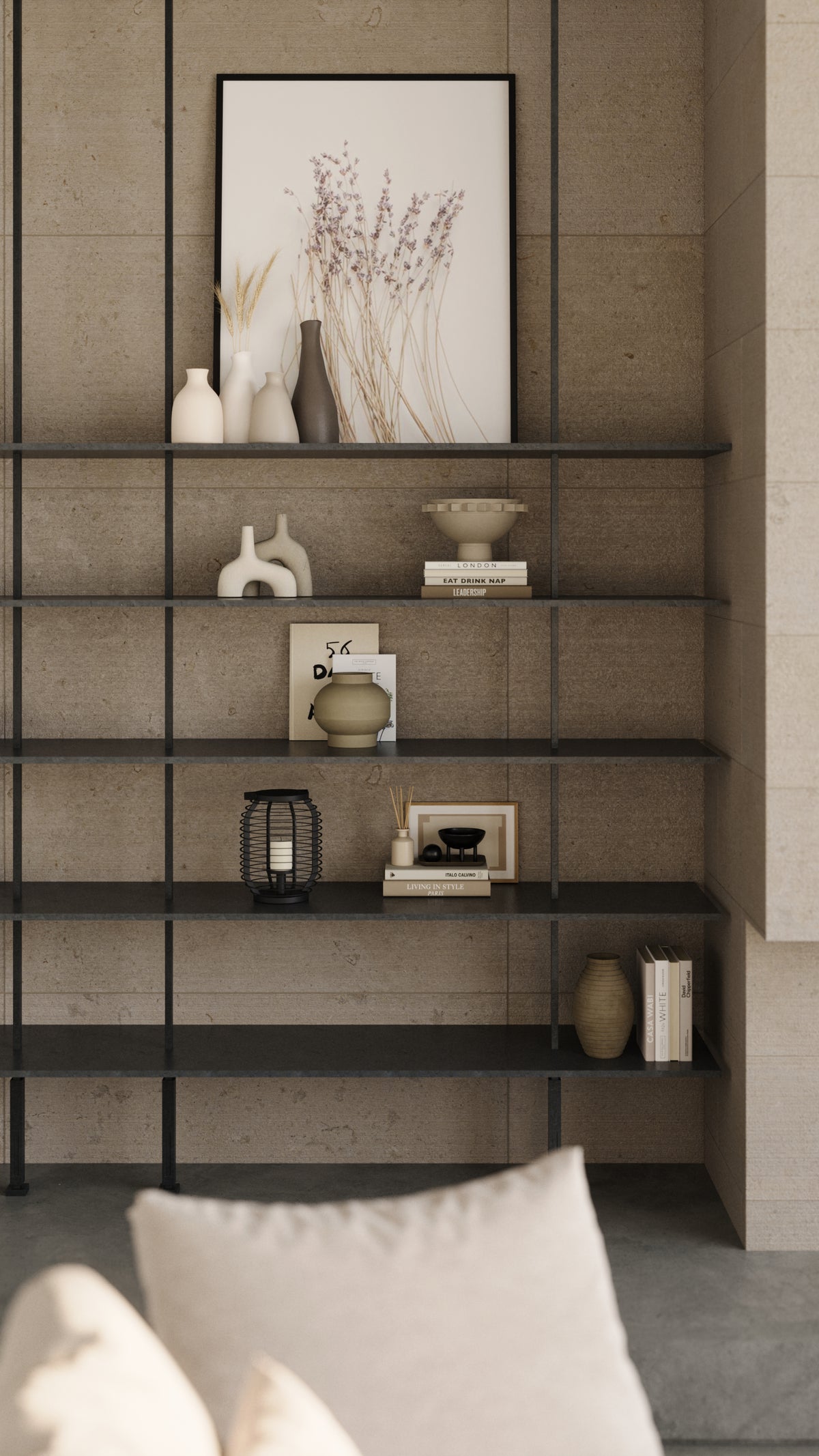 Modern shelving unit accented by 12x24 beige porcelain wall tiles with a chiseled texture, showcasing minimalist decor pieces, neutral tones, and soft natural lighting.