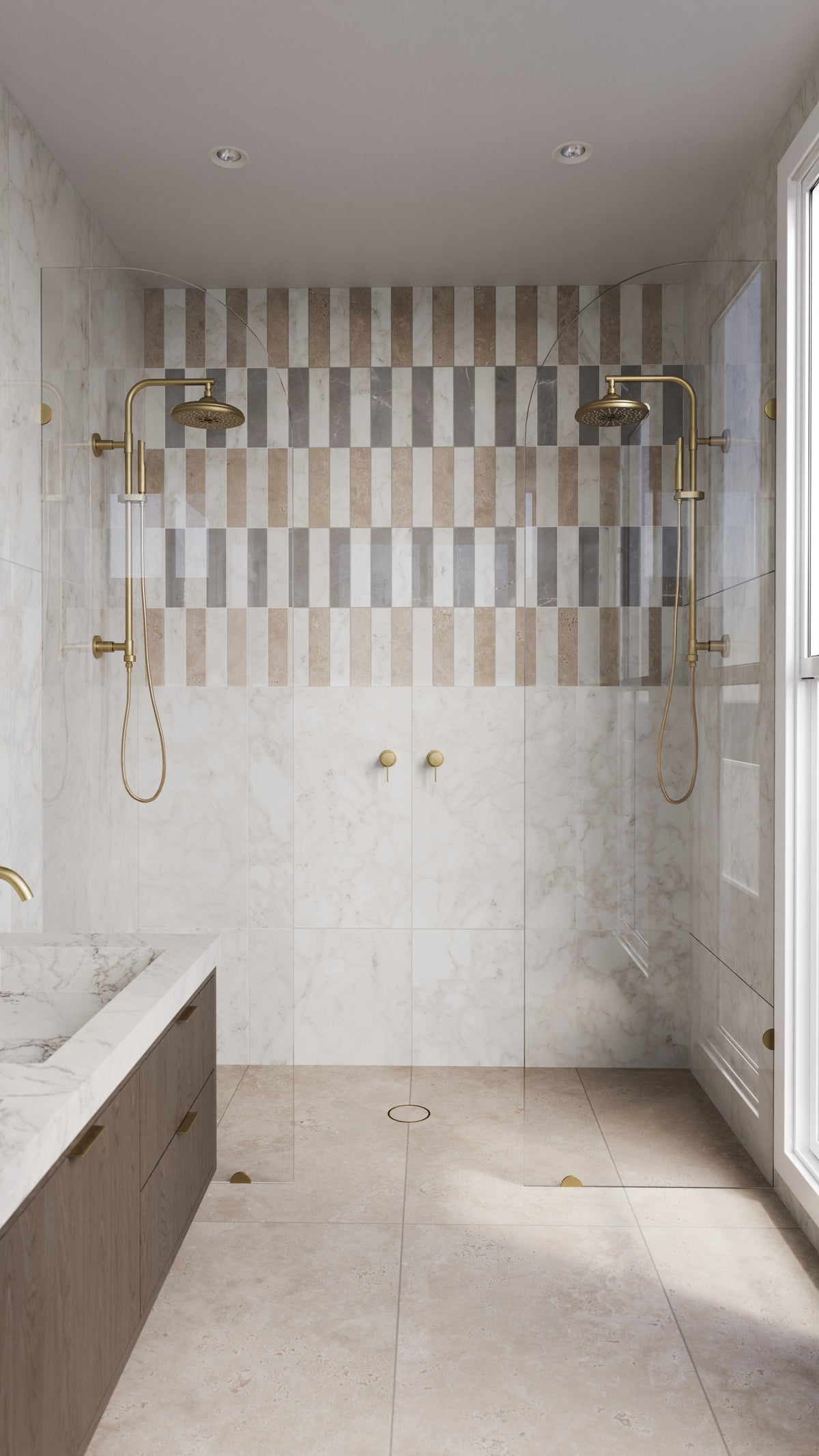 Elegant bathroom featuring Leona Marfil tiles, 24x48 matte finish, with a striped accent wall and dual gold rain showerheads