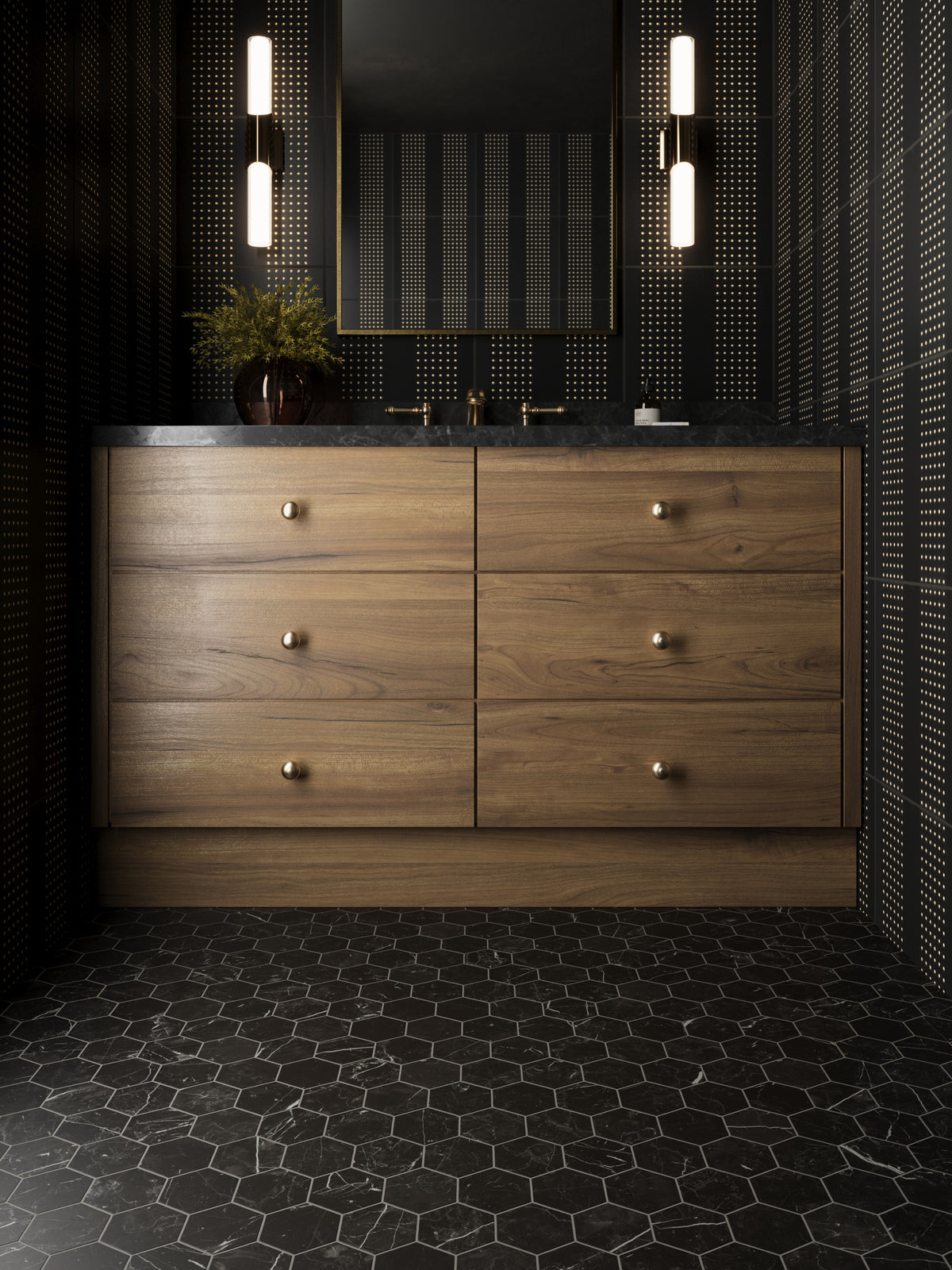 Leona Nero Marquina 3x3 hexagon mosaic matte tile adorns the bathroom floor, delivering dramatic elegance with black marble and delicate white veining.
