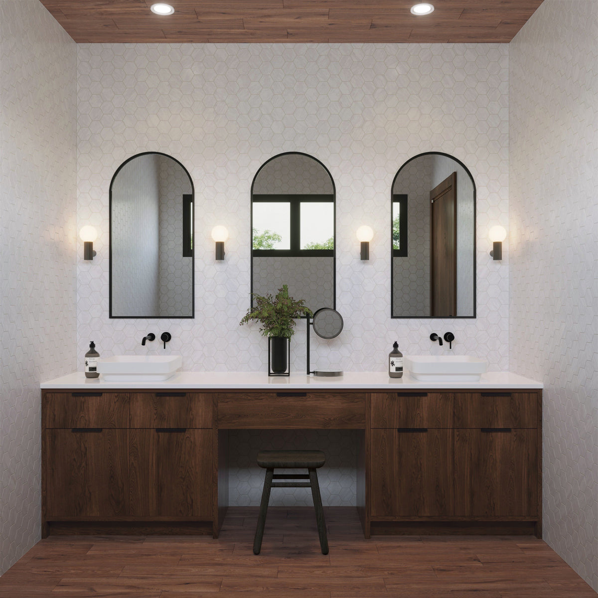 Rustic yet refined bathroom featuring Preston's 8x48 matte porcelain tiles in Chestnut, adding warmth and sophistication to the flooring.