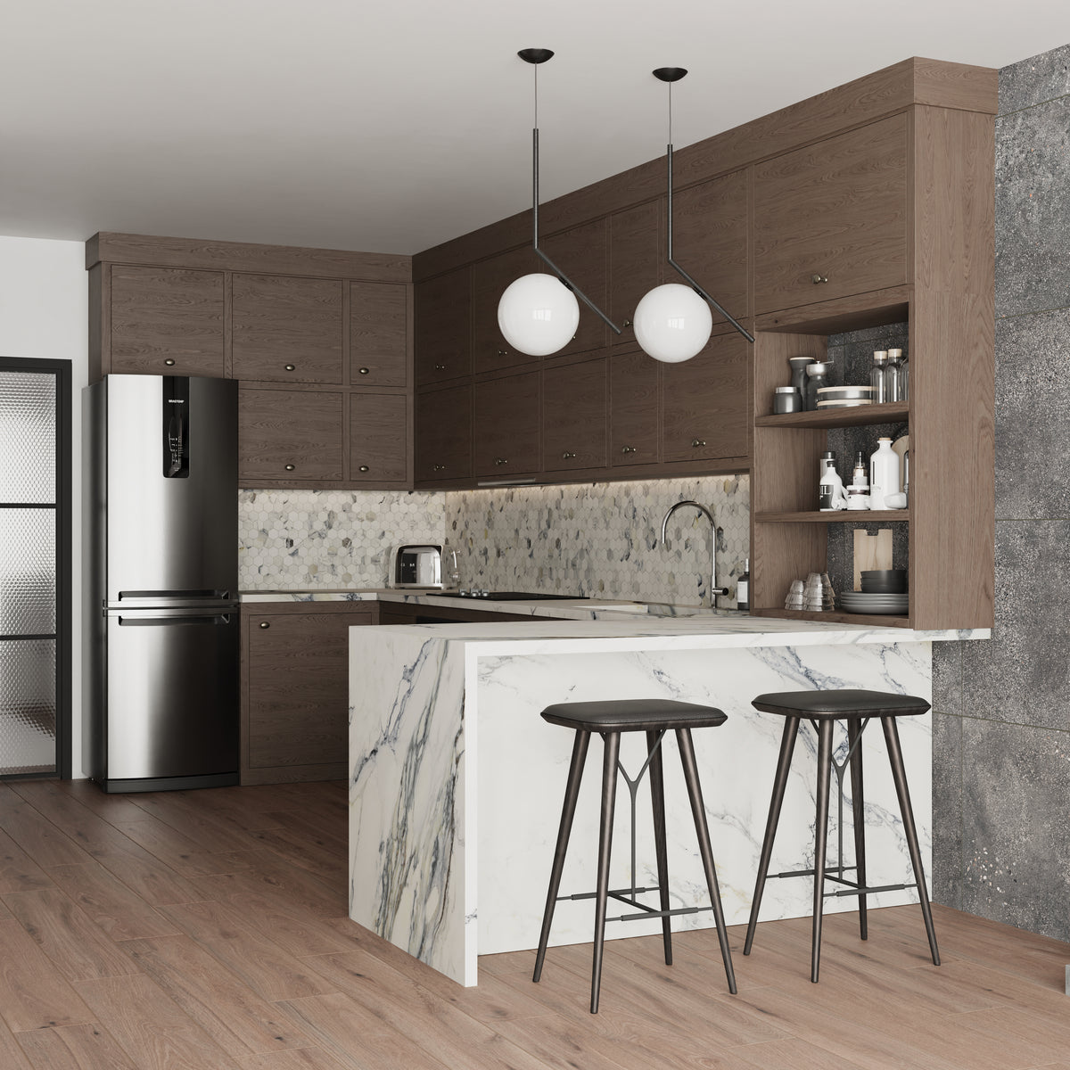 Modern kitchen featuring Preston's 8x48 matte porcelain tiles in Chestnut, paired with marble accents and warm wood cabinetry for a cohesive look.