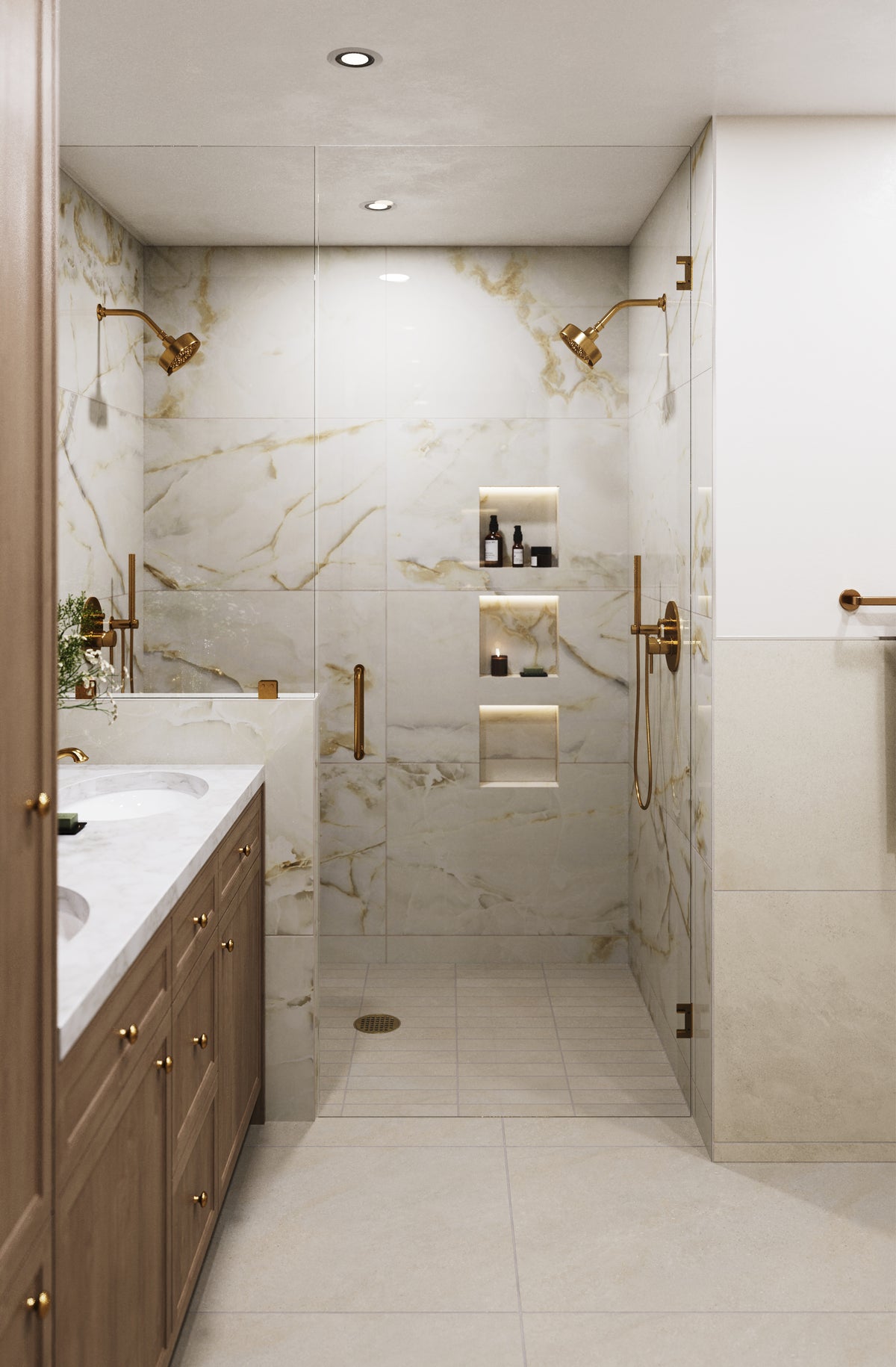 Contemporary bathroom featuring marble-look tiles, a glass-enclosed shower with built-in niches, and gold hardware accents for an opulent touch.