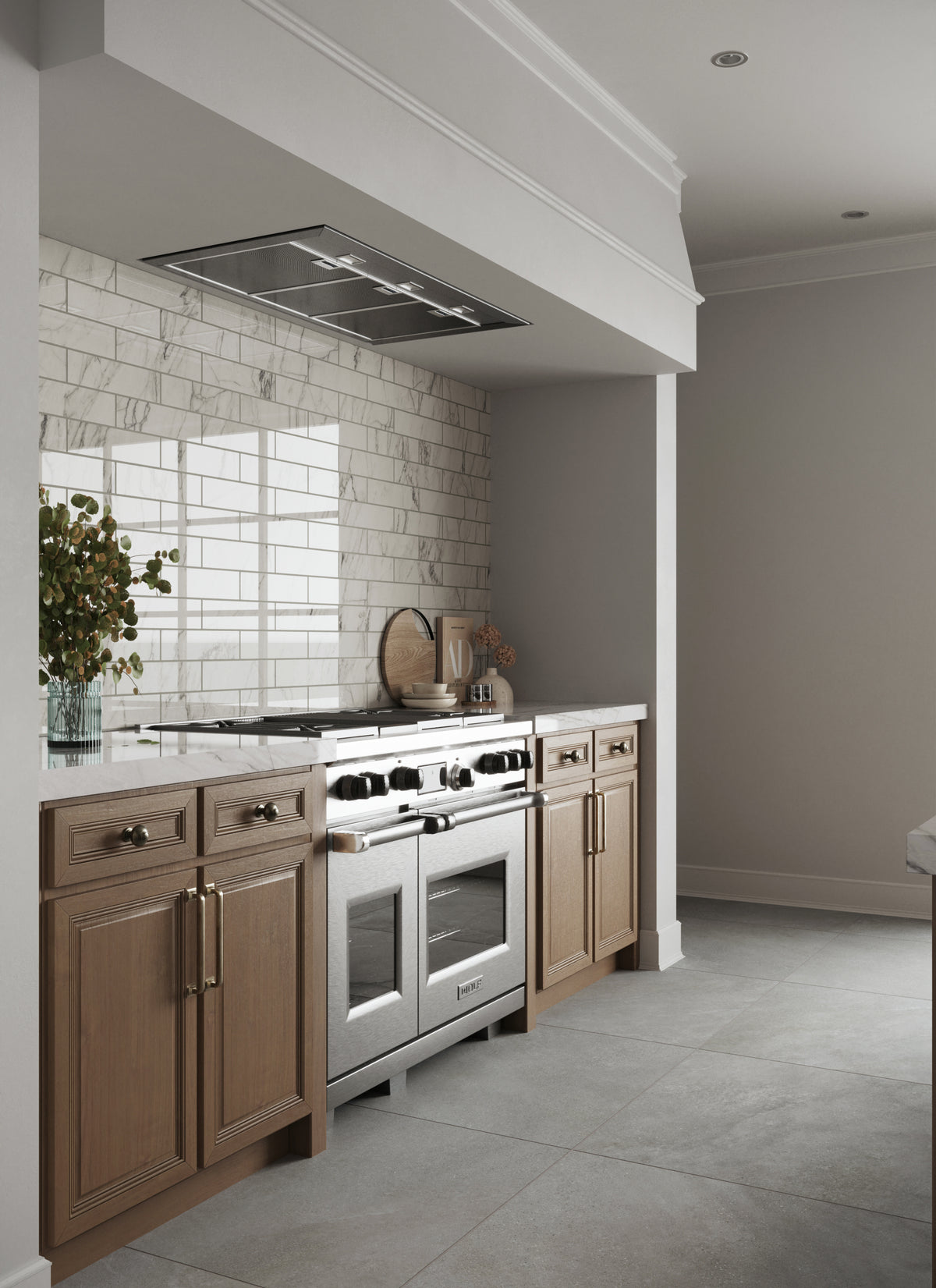 Kitchen with a stainless steel oven, wooden cabinetry, marble backsplash, and Shea 32x32 Matte Porcelain Tile in Smoke flooring.