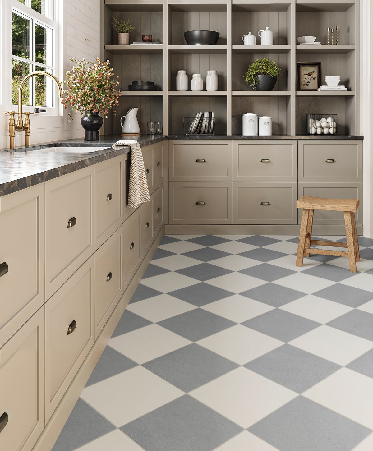 Charming kitchen design featuring checkered flooring with grey and white Palmer tiles, complemented by beige cabinetry and open shelving.