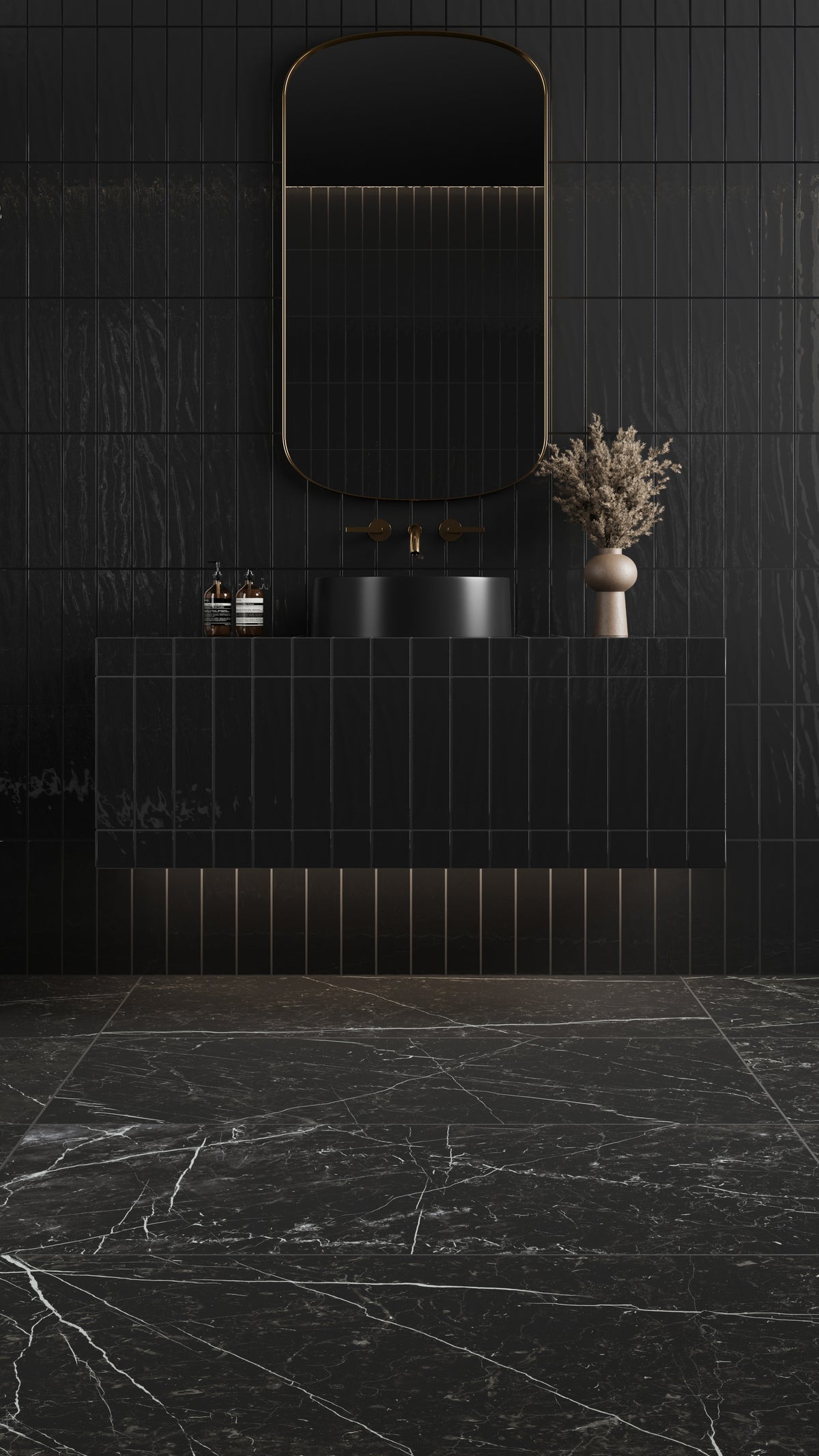 A sleek bathroom showcasing Leona Nero Marquina matte tiles with striking white veining, a floating vanity, and gold accents.
