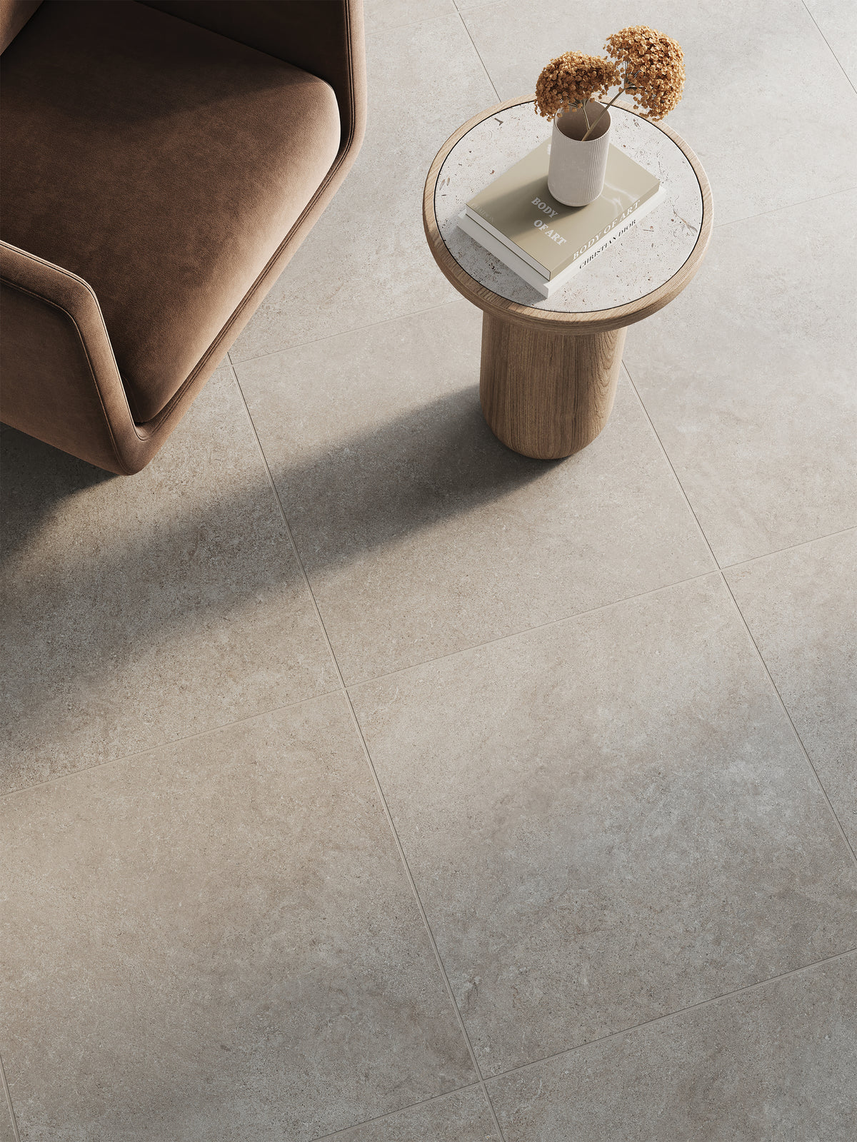 Adeline Taupe tiles in a living space, highlighting their soft texture and neutral tone under natural lighting.