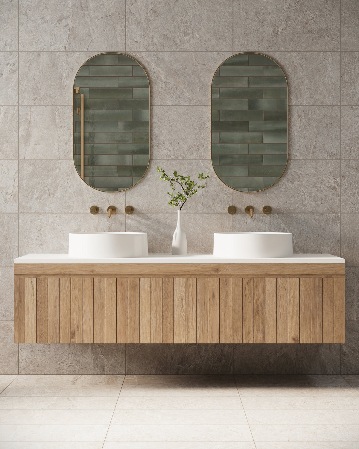 Bathroom with Dawson 12x24 Matte Porcelain Tile in dune, paired with a wood floating vanity and dual mirrors framed by green accent tiles.