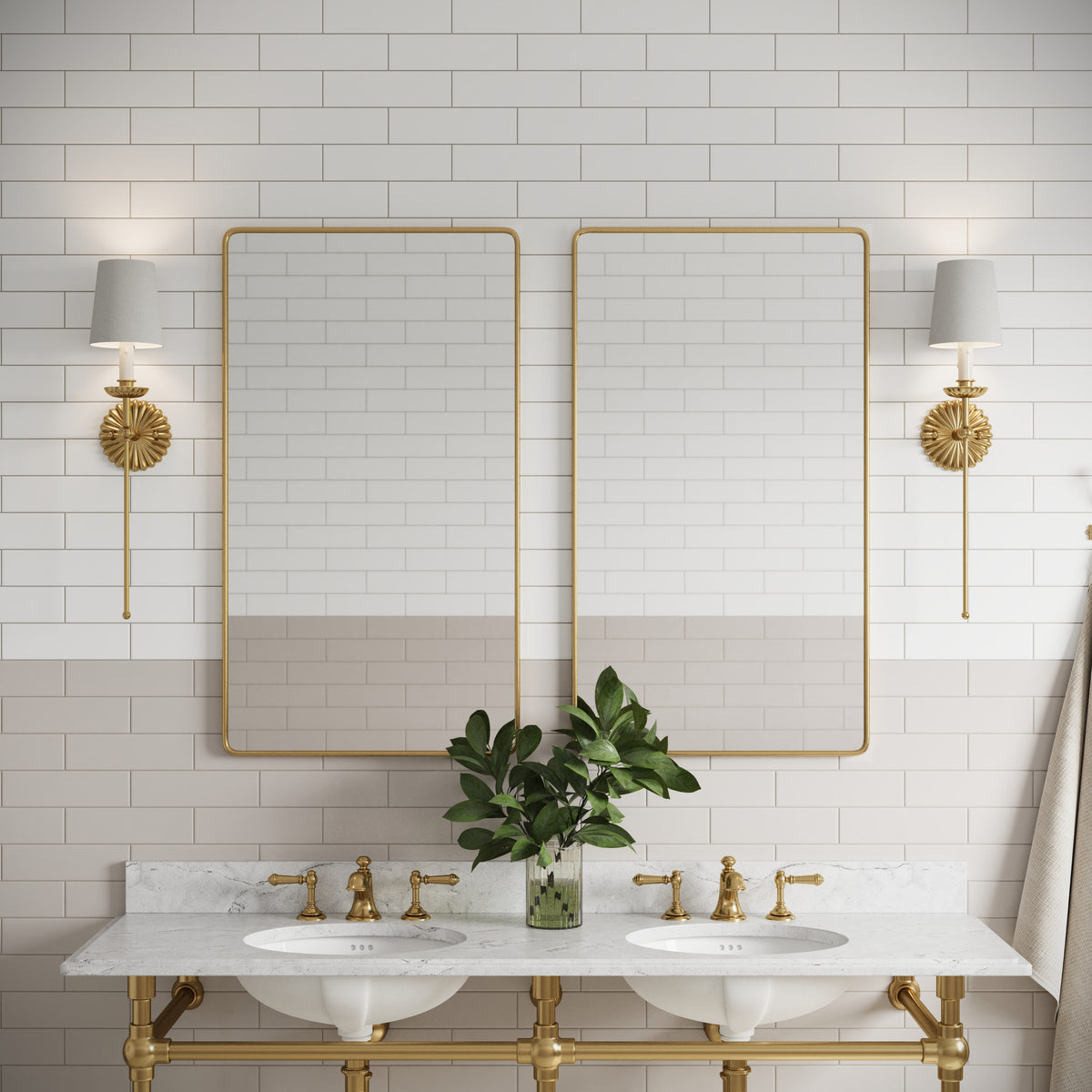 Refined double vanity setup with Polly Beige 3x10 satin ceramic tiles, brass fixtures, and a marble countertop, creating a sophisticated and serene bathroom design.