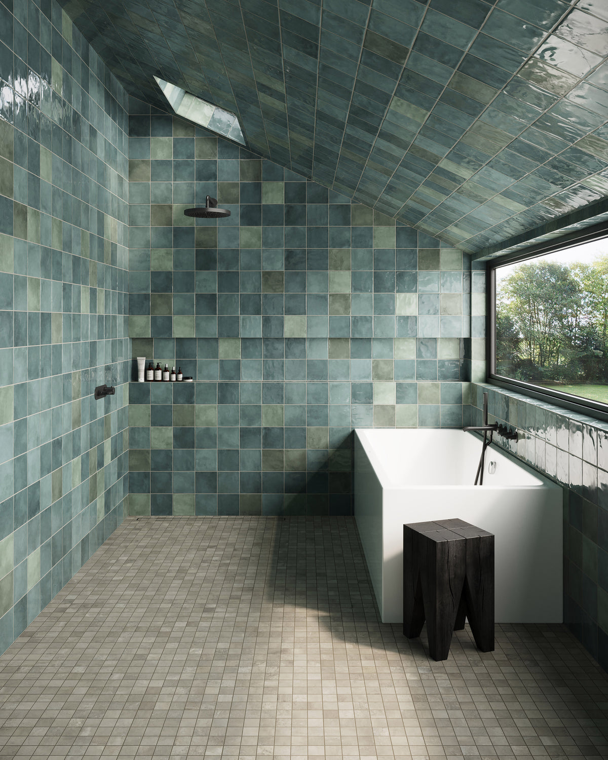 Spacious bathroom with Lilah Opal 6x6 glossy tiles on walls and ceiling, featuring a soaking tub, rain shower, and a large window.