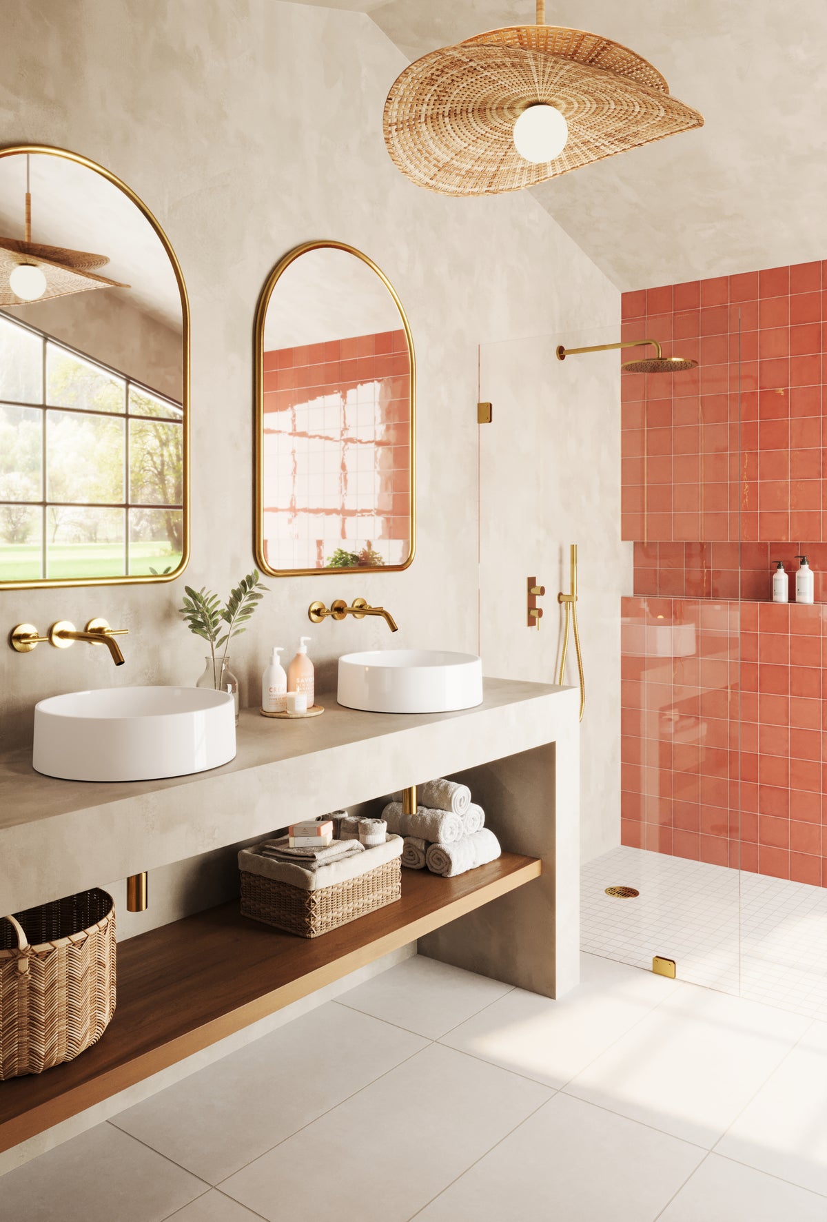 Elegant bathroom featuring Mikayla glossy red-orange 5x5 square tiles in the shower, paired with gold fixtures and natural textures for a modern, warm design