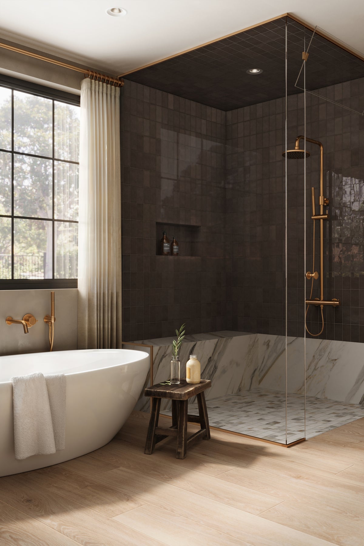 Luxurious bathroom with Camel-hued Jameson matte porcelain tiles, a freestanding tub, marble shower accents, and brass fixtures creating a refined spa-like ambiance.