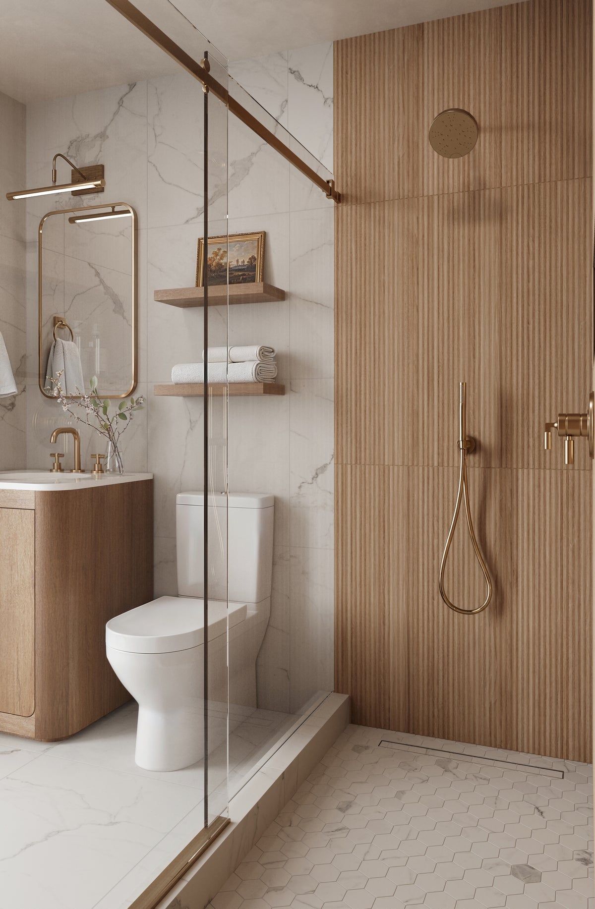 Elegant bathroom showcasing Jameson 12x36 matte ceramic tile in Camel Deco on the shower wall, complemented by marble-look tiles, brass fixtures, hexagonal floor tiles, and a warm wood vanity.