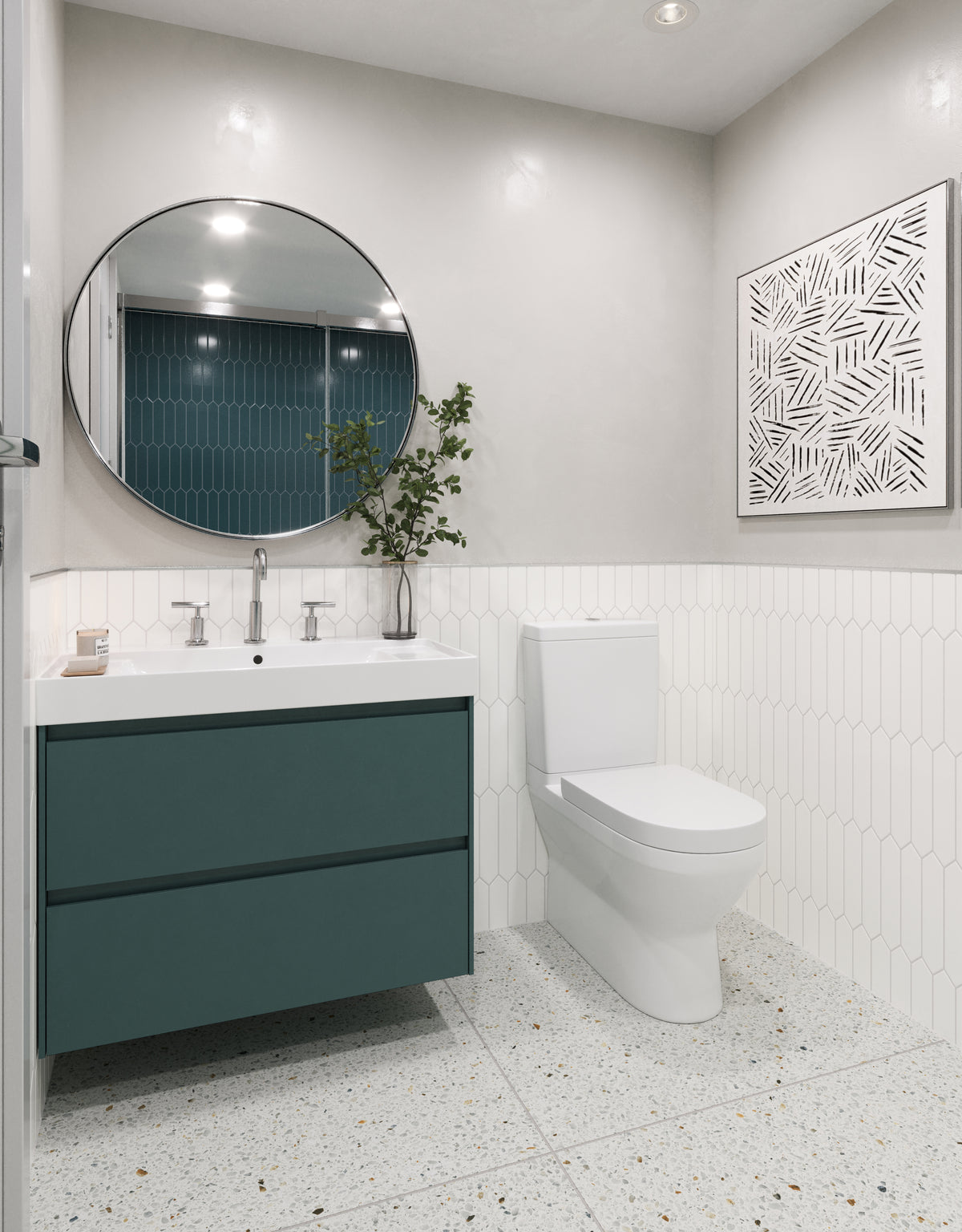Contemporary bathroom showcasing matte white picket tiles in a cloud shade, accented by a teal vanity, terrazzo flooring, and sleek round mirror. 