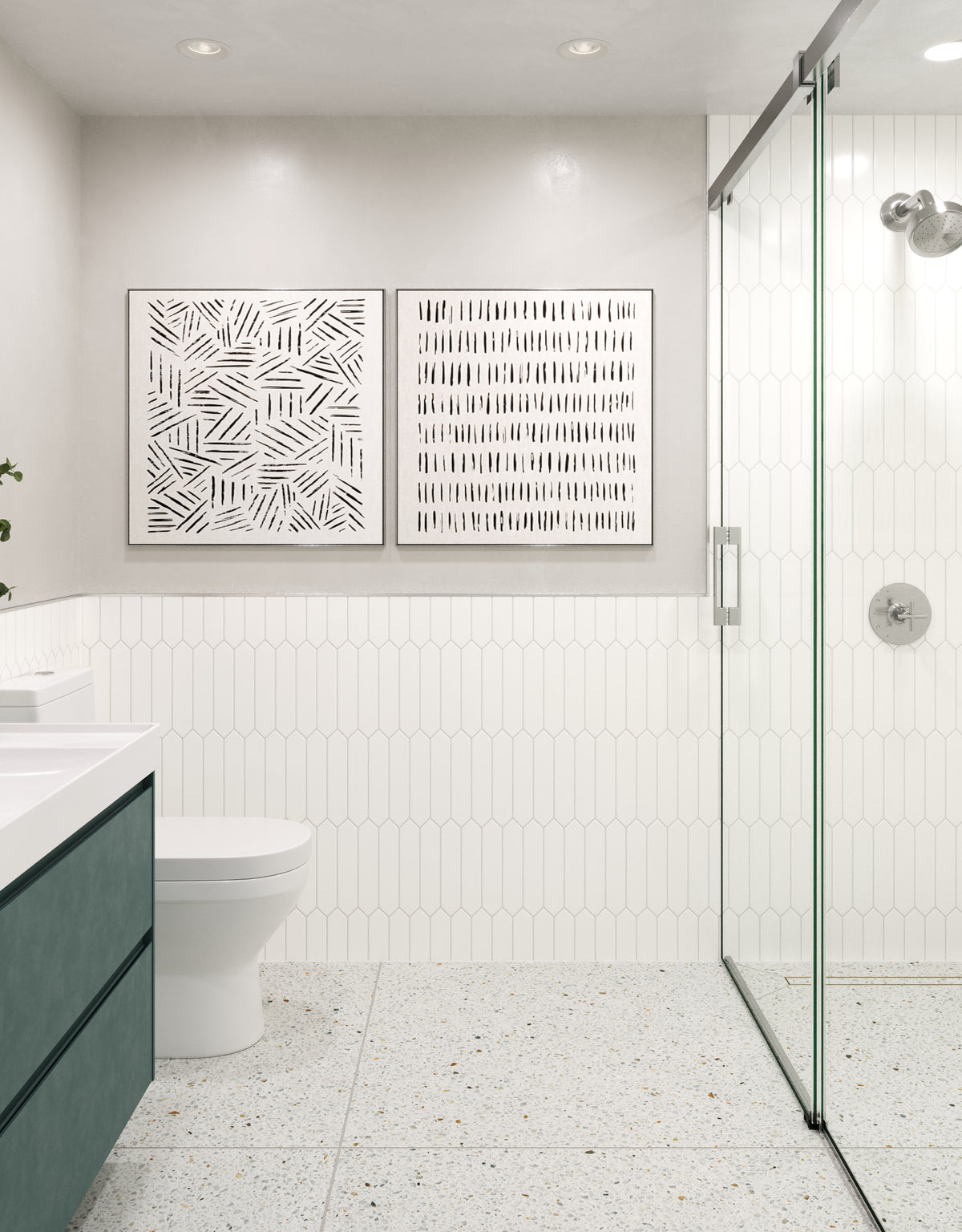 Modern bathroom featuring matte white picket tiles in a soft cloud shade, complemented by terrazzo flooring and minimalist decor.