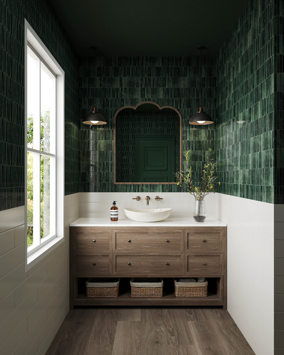 Modern powder room featuring Miley tiles in a deep emerald or forest green gloss, paired with warm wood vanity and crisp white accents