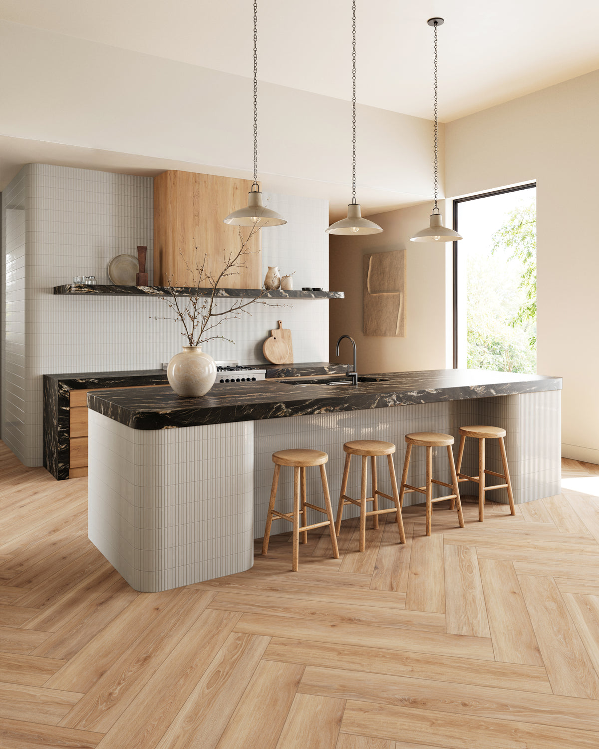 Bright and inviting kitchen showcasing Miley glossy white tiles with a linear texture, complemented by herringbone wood flooring and a dramatic marble island