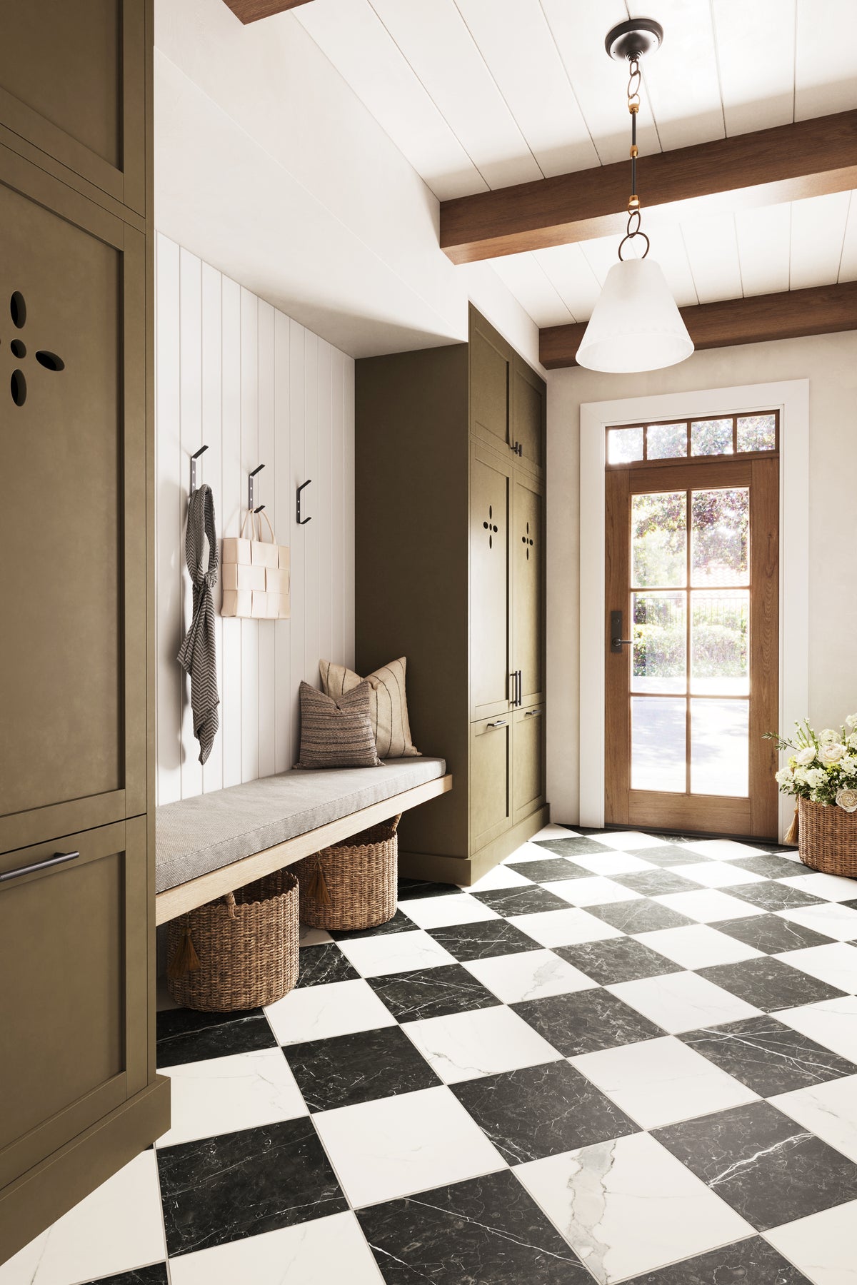 Classic entryway featuring Leona Calacatta and Nero Marquina checkerboard 12x12 matte tiles, creating a bold and elegant floor design in the mudroom.