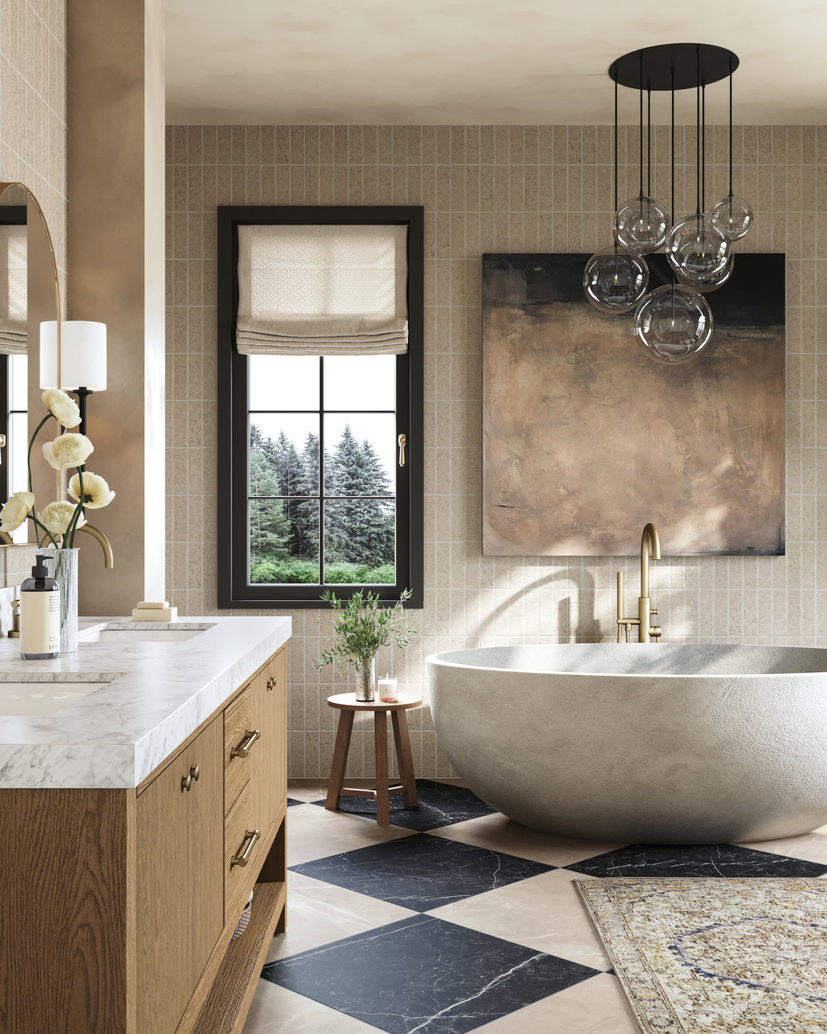 Bright bathroom with marble vanity, freestanding tub, glass globe chandelier, large artwork, and a window overlooking trees