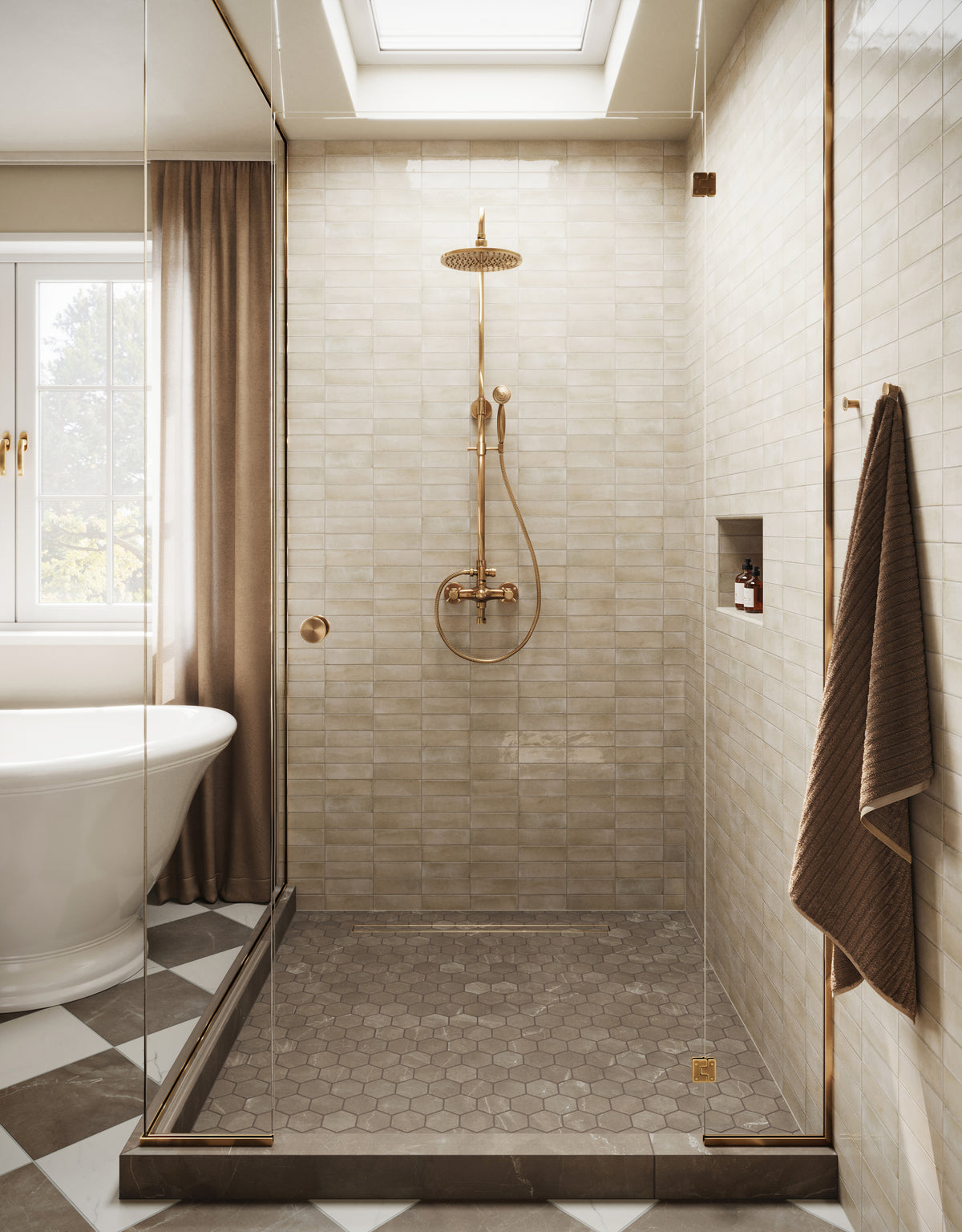Elegant shower with gold fixtures and mosaic tiles on the floor, complemented by warm beige wall tiles and glass enclosure.