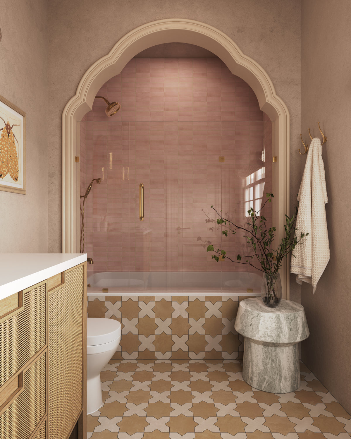 The star and cross porcelain tile floor complements the room’s warm tones and curved details, finished in a powdery matte glaze with subtle cement-plaster texture for an organic, handcrafted feel.