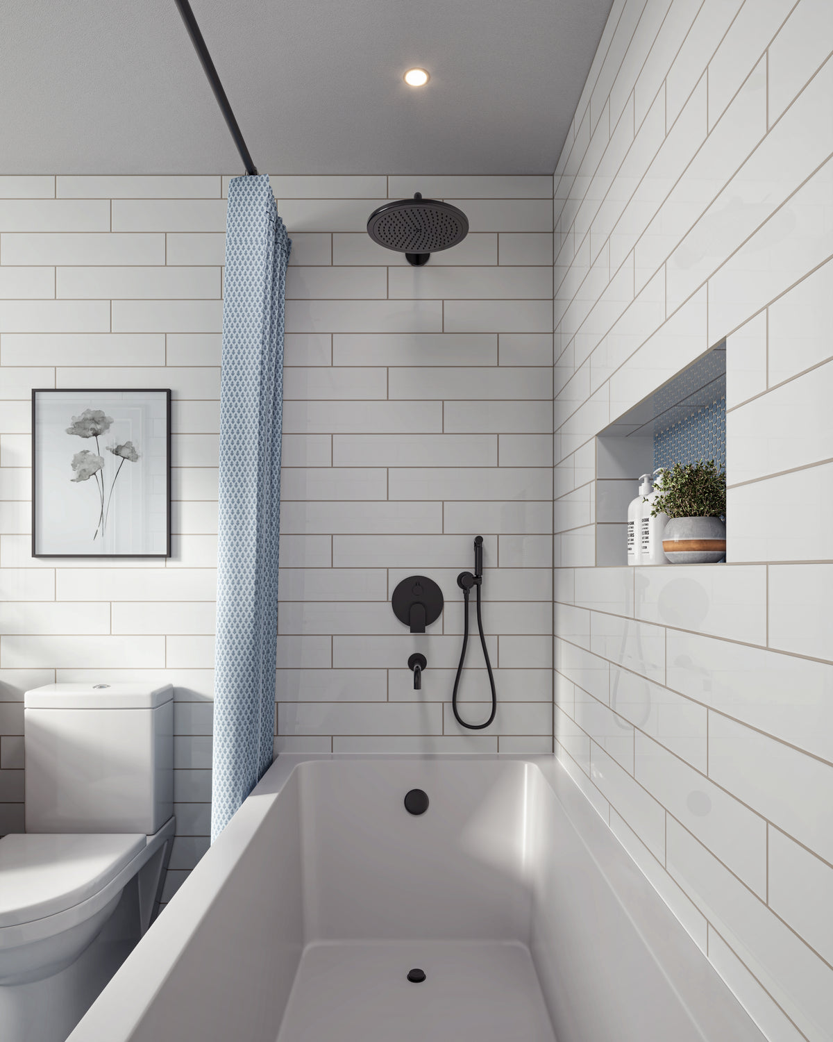 Modern bathroom with white staggered subway tile walls, wood vanity, blue penny tile floor, and matte black fixtures.