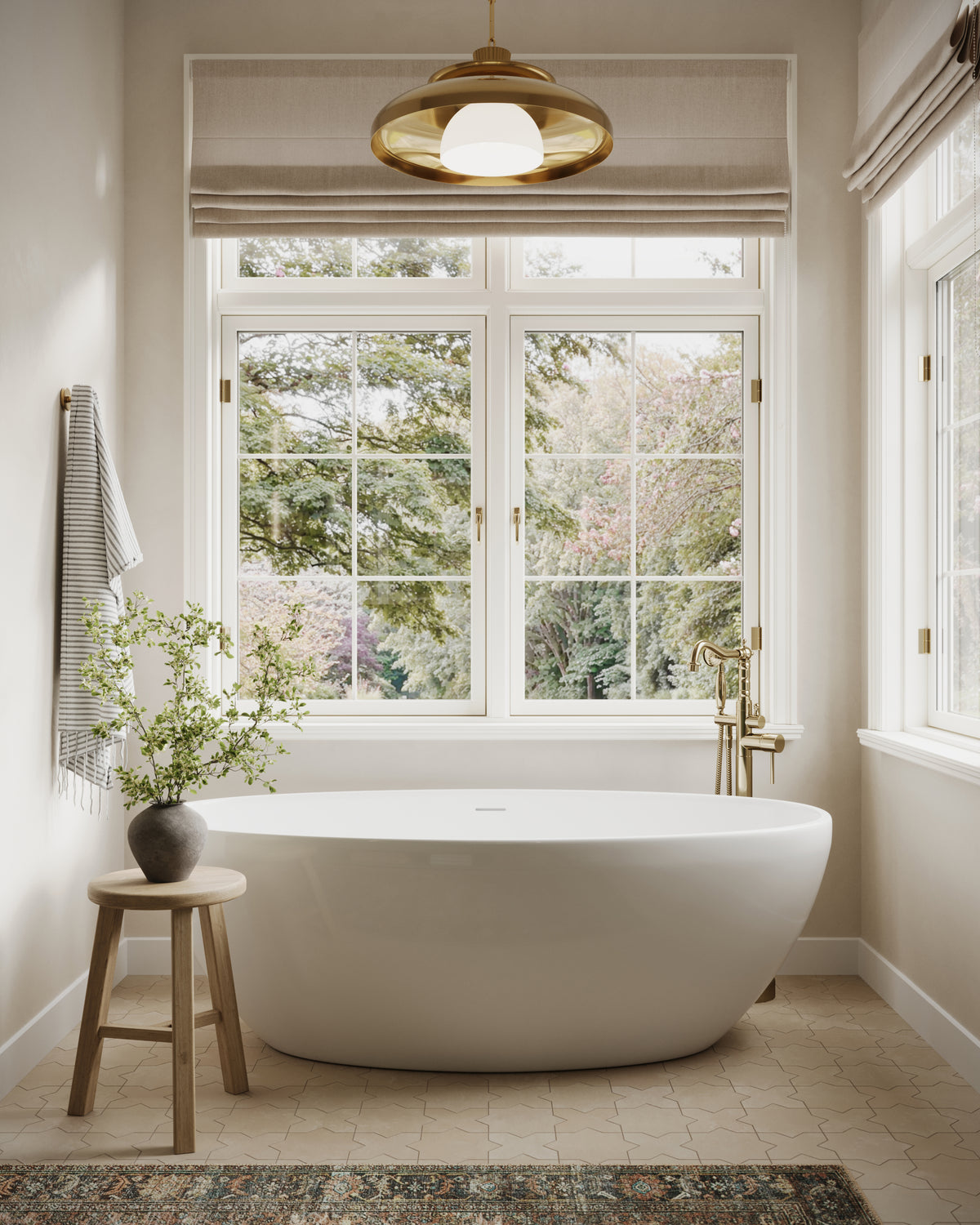 A calm, spa-like bathroom grounded by warm beige star and cross flooring in 11x11 matte porcelain tile, where cement-plaster texture and a powdery glaze echo aged terracotta.