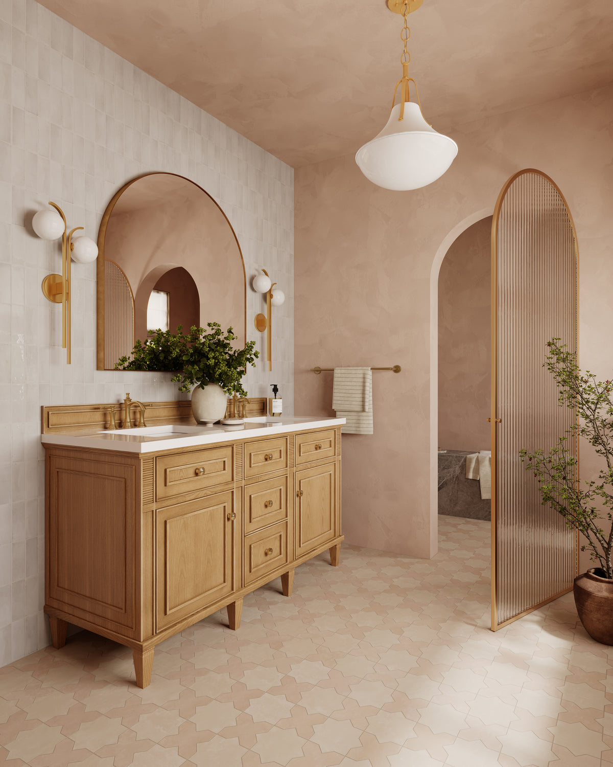 Shown installed, our Isabel 11x11 Matte Porcelain Tile in Bone and Rosewood features a matte porcelain finish and earthy beige and red hues that complement arched walls for an architectural look.
