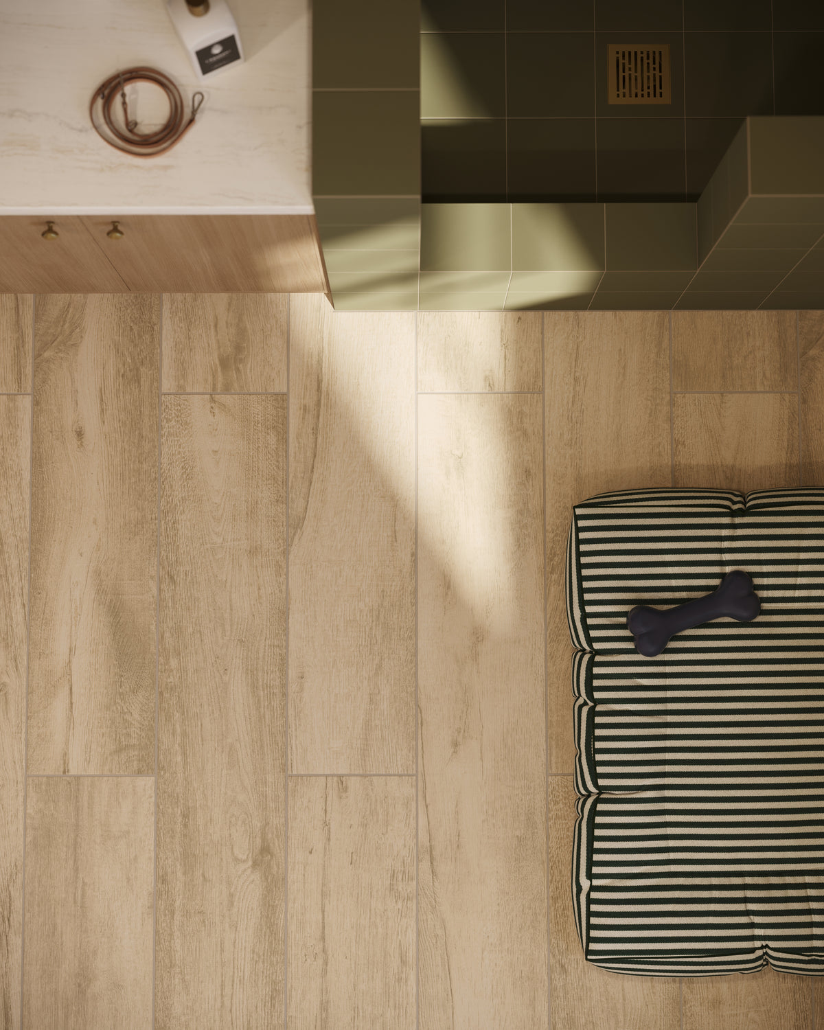 Porcelain wood-look tile in an 8x48 matte finish, showcasing soft natural grain and warm tones in a clean, modern floor layout.