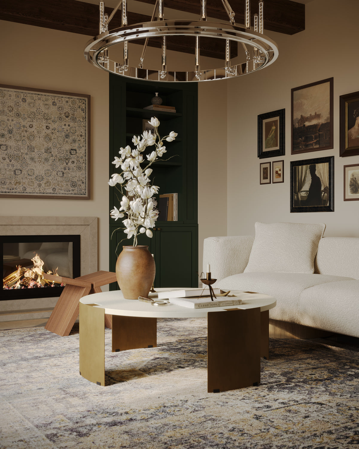 Living room styled with layered wall art, a modern chandelier, a neutral sofa, a round coffee table, a textured area rug, a fireplace, and sculptural decor with greenery.
