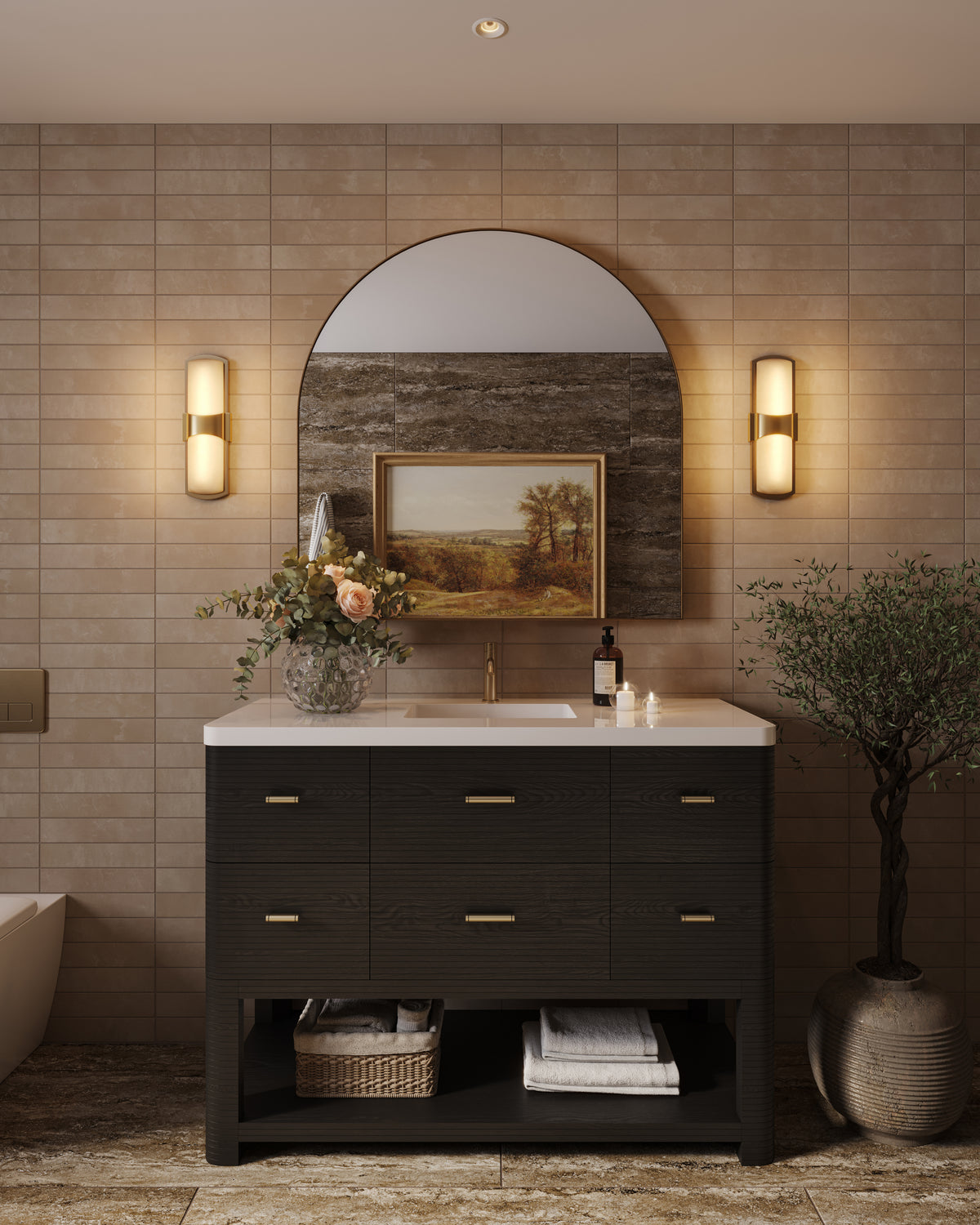 The vanity wall is finished in light brown porcelain subway tiles, where the gentle color variation brings warmth and balance to a calm, spa-like bathroom setting.