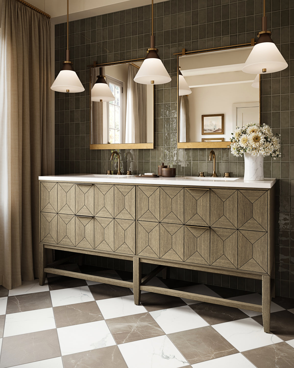 Bathroom with textured wood double vanity with white zeus quartz countertop, brass mirrors, pendant lights, green square wall tiles, and checkerboard floor.