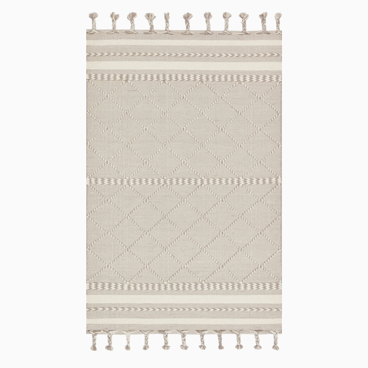 Hand loomed beige wool rug featuring a delicate diamond pattern, subtle woven details, and decorative fringe.