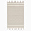 Hand loomed beige wool rug featuring a delicate diamond pattern, subtle woven details, and decorative fringe.