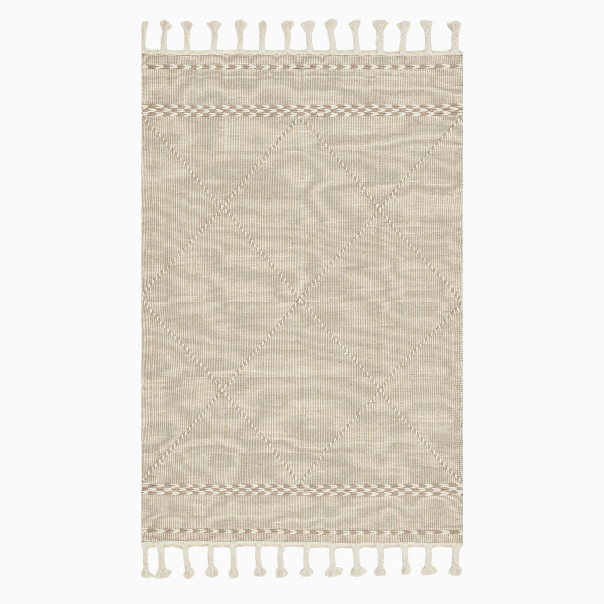 Hand loomed beige wool rug with a subtle diamond pattern and braided accents, finished with decorative fringe.