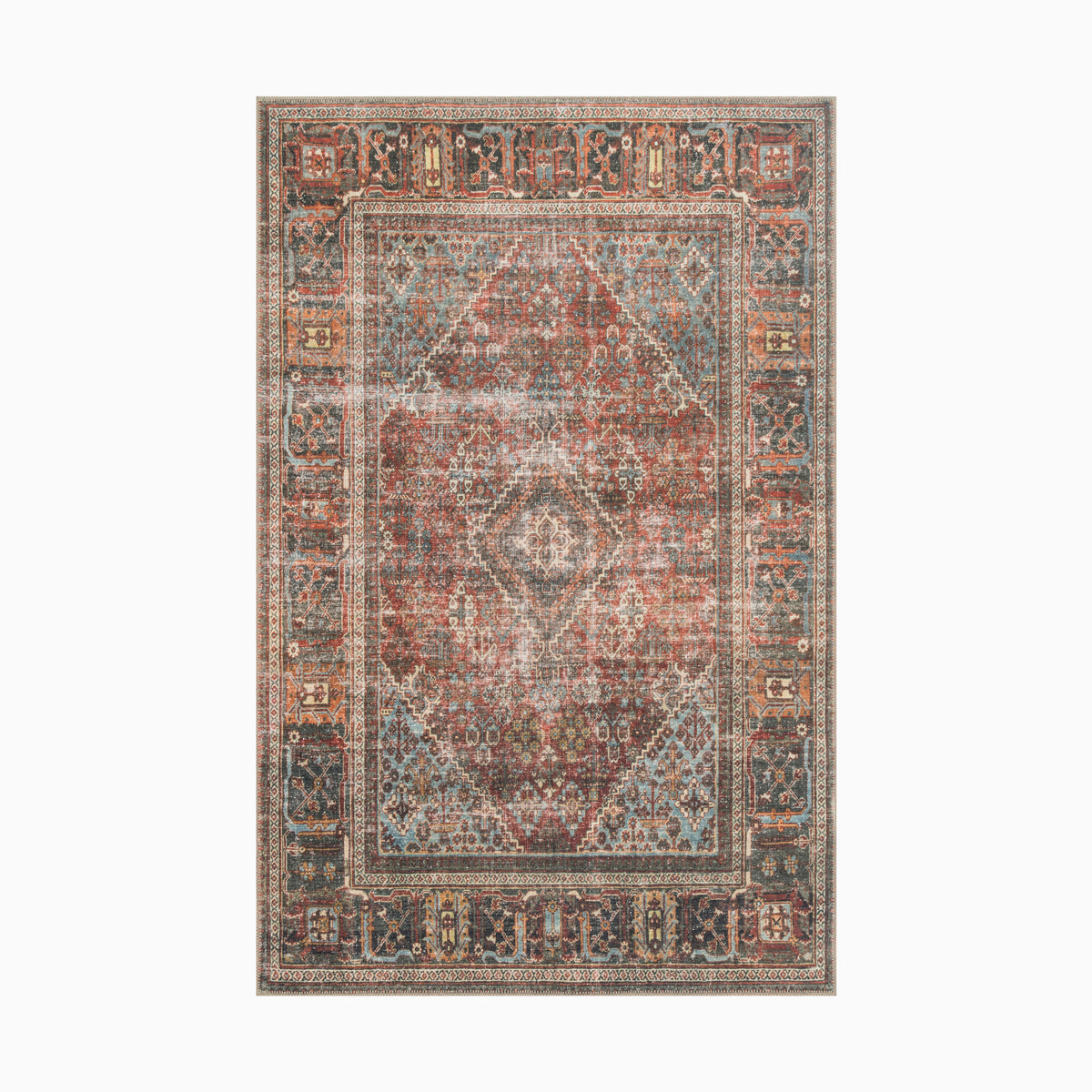Durable power-loomed polyester rug with a burgundy and graphite distressed pattern, perfect for transitional interior settings.