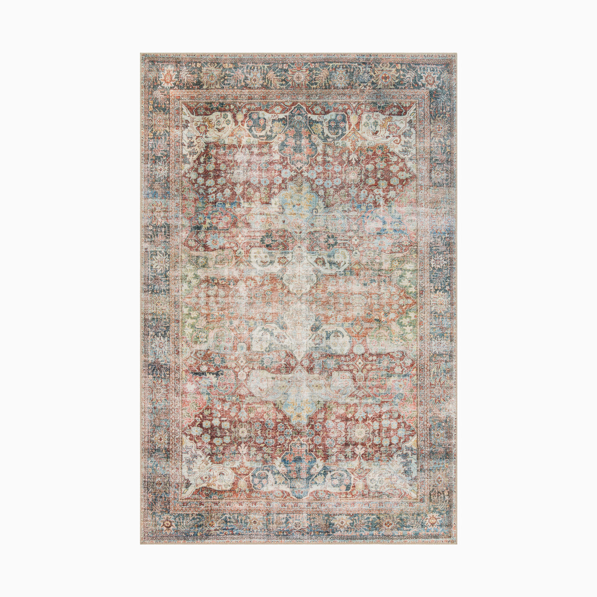 Polyester face rug with a richly detailed burgundy and multi-color palette, crafted using power-looming techniques for long-lasting beauty.
