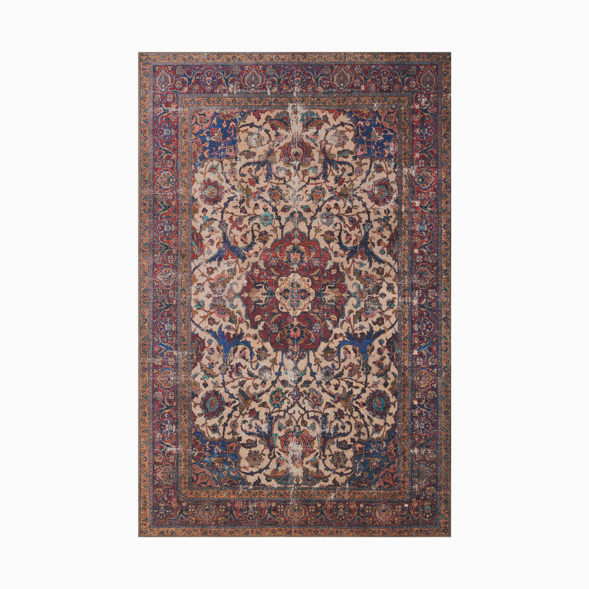 Polyester face rug in natural and spice, power-loomed with precision, showcasing a Persian-inspired motif with timeless transitional charm.
