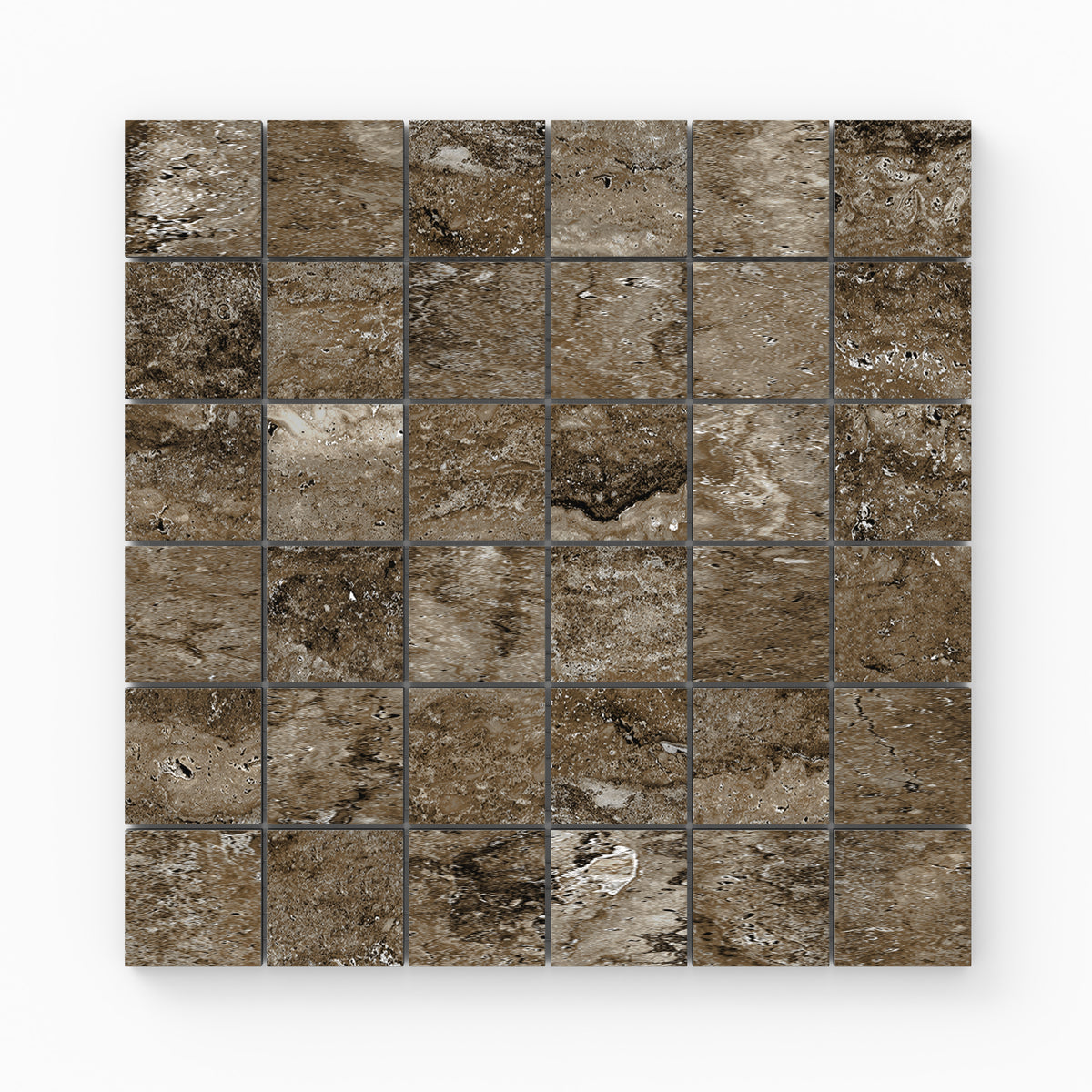 Dark taupe travertine-look porcelain 2x2 matte mosaic tile featuring deep tonal variation, organic movement, and a stone-inspired look.