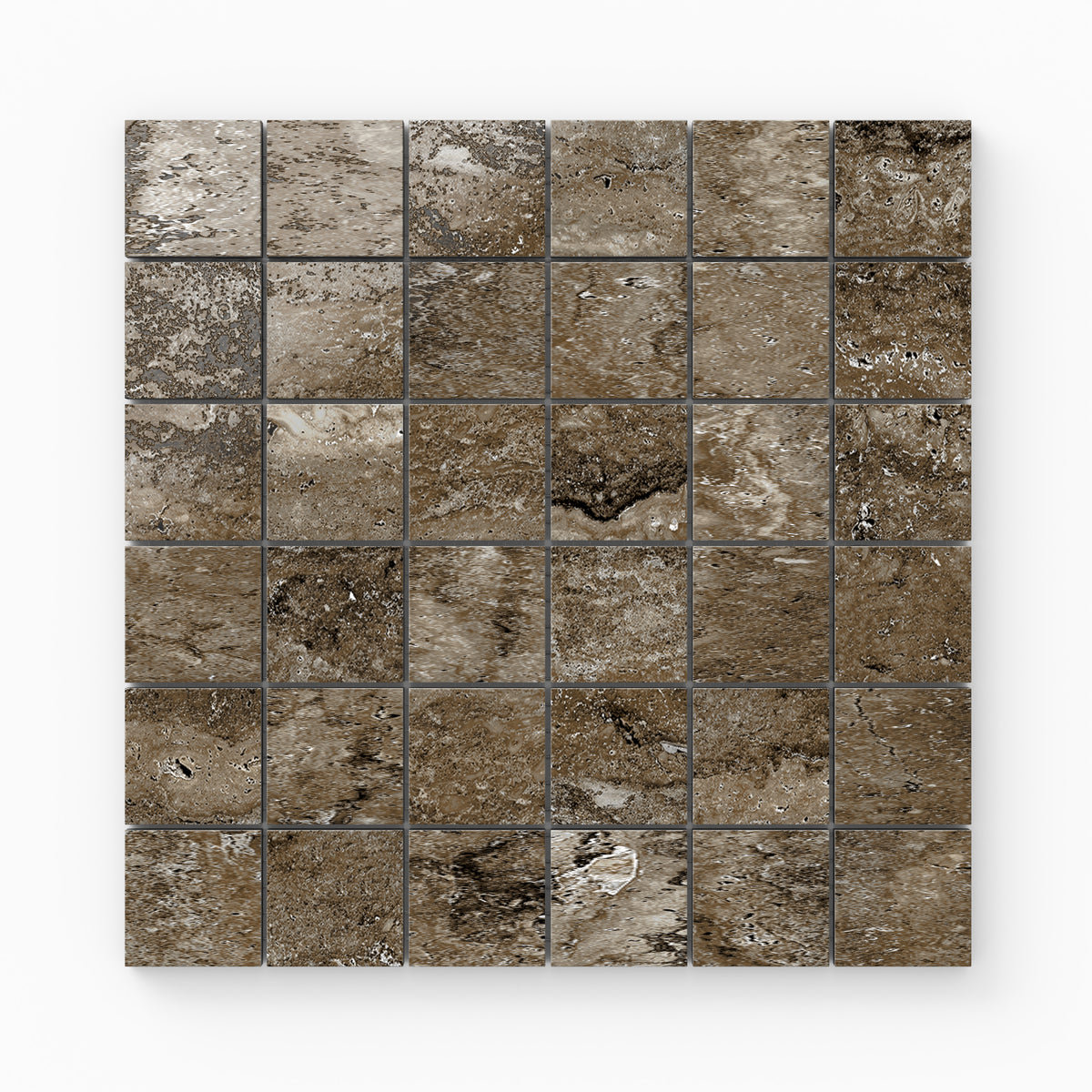 Dark taupe travertine-look porcelain 2x2 polished mosaic tile featuring deep tonal variation, organic movement, and a reflective surface.