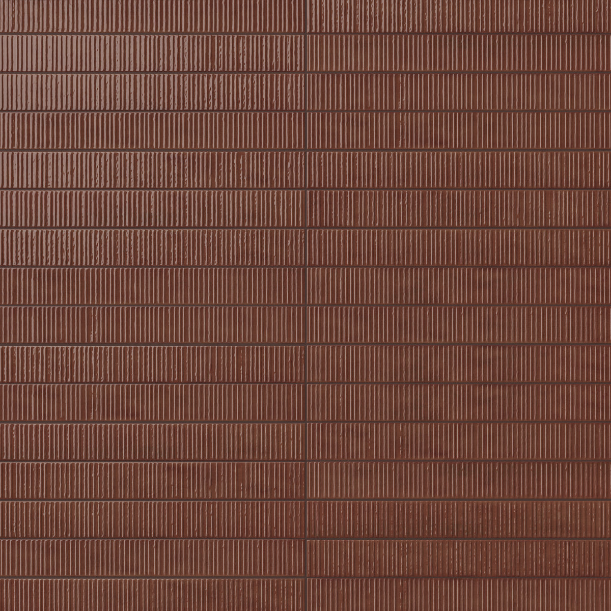 Brown ribbed rectangular ceramic tiles with fine vertical grooves, glossy surface texture, and narrow grout lines in a stacked wall pattern.