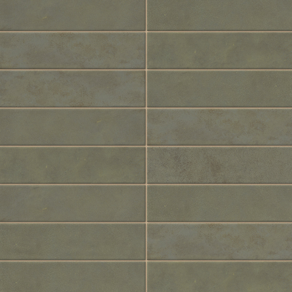 Rectangular porcelain tile in a matte finish with a smooth, lightly textured surface, featuring a muted olive green color with soft tonal variation and a gently weathered appearance.