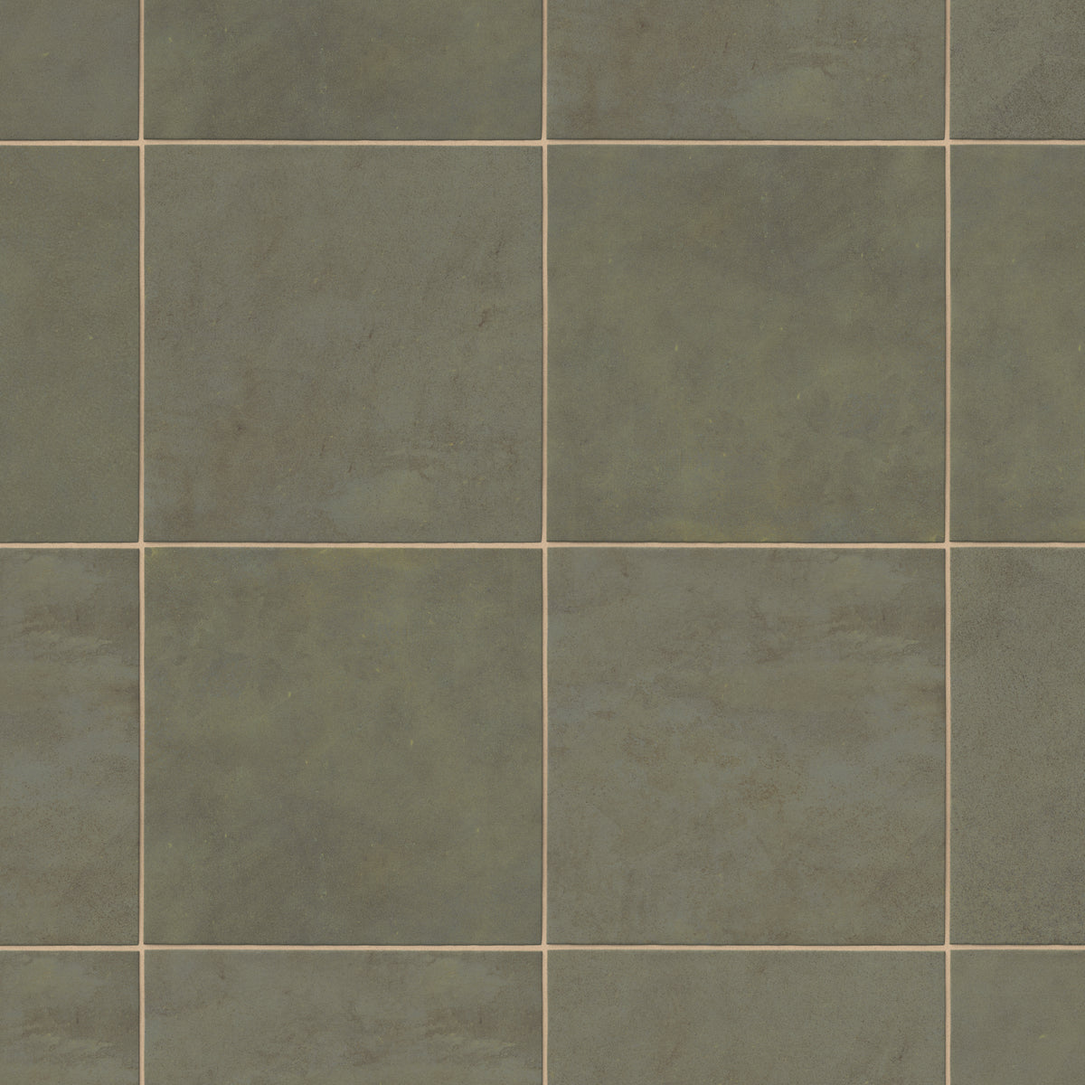Square porcelain tile in a matte finish with a smooth, lightly textured surface, featuring a muted olive green color with subtle natural variation.