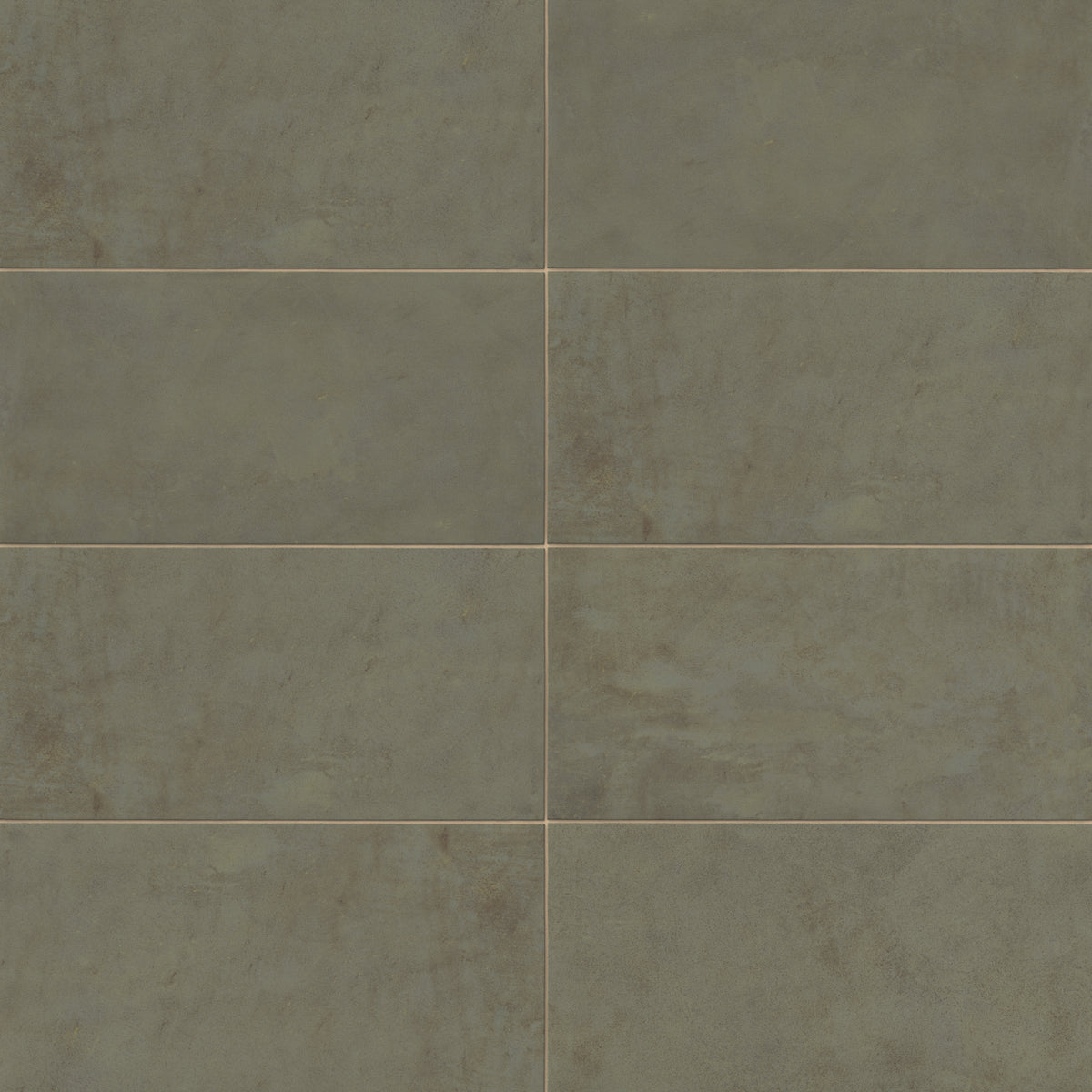 Rectangular porcelain floor tile in a matte finish with a smooth, lightly textured surface, featuring a muted olive green color with subtle natural variation.
