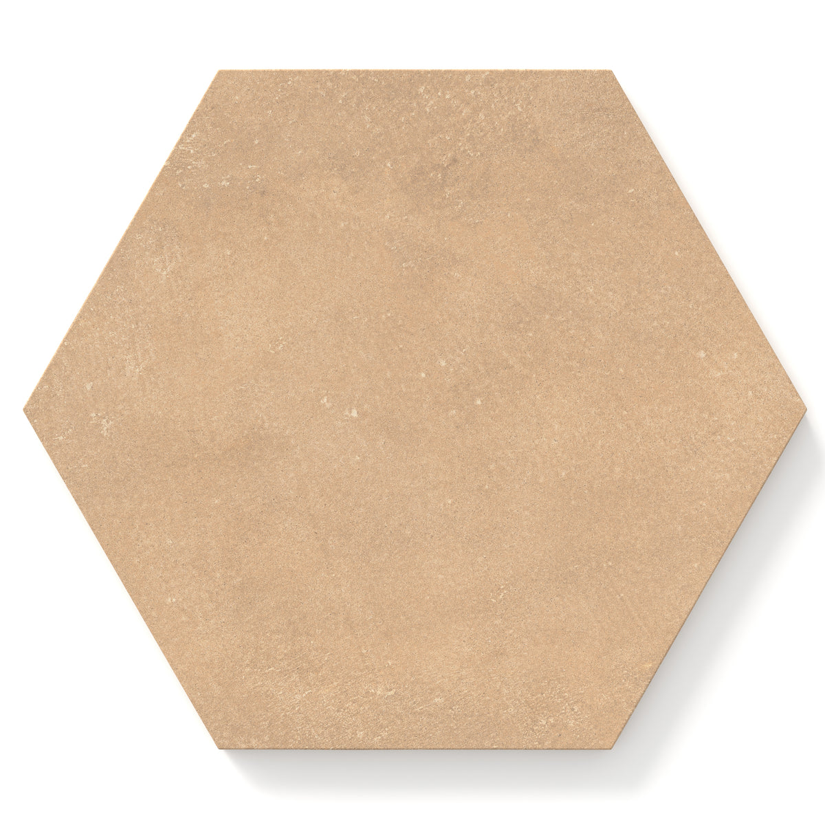 Hexagon porcelain tile in a matte finish with a smooth, lightly textured surface, featuring a warm tan color with soft natural variation and subtle speckling.