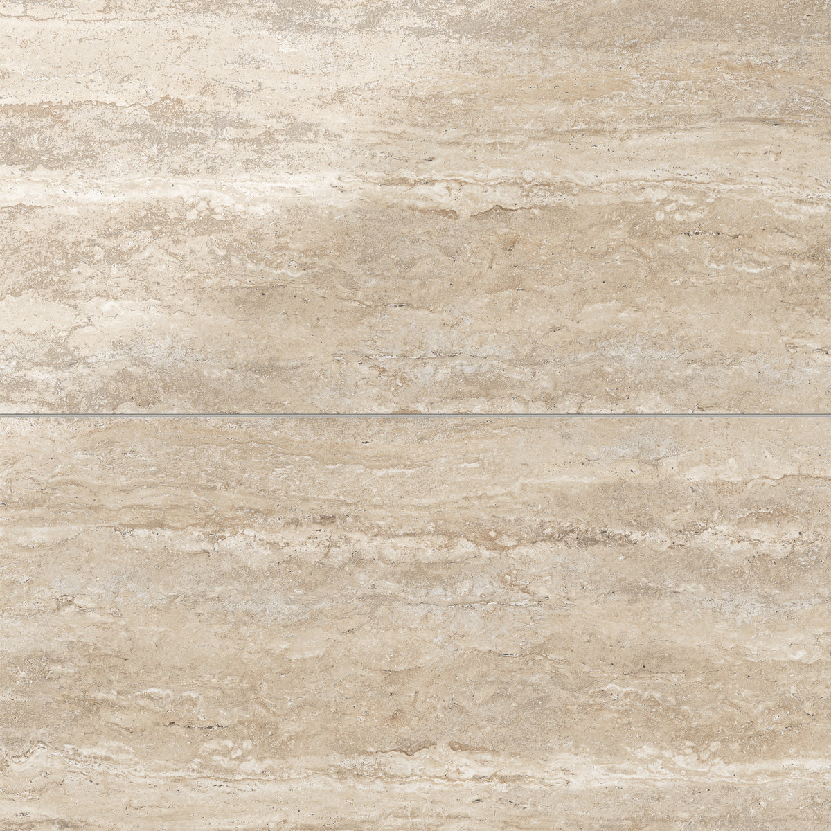Neutral beige travertine-look porcelain 24x48 polished tile showcasing light tonal variation, horizontal veining, and a refined finish.